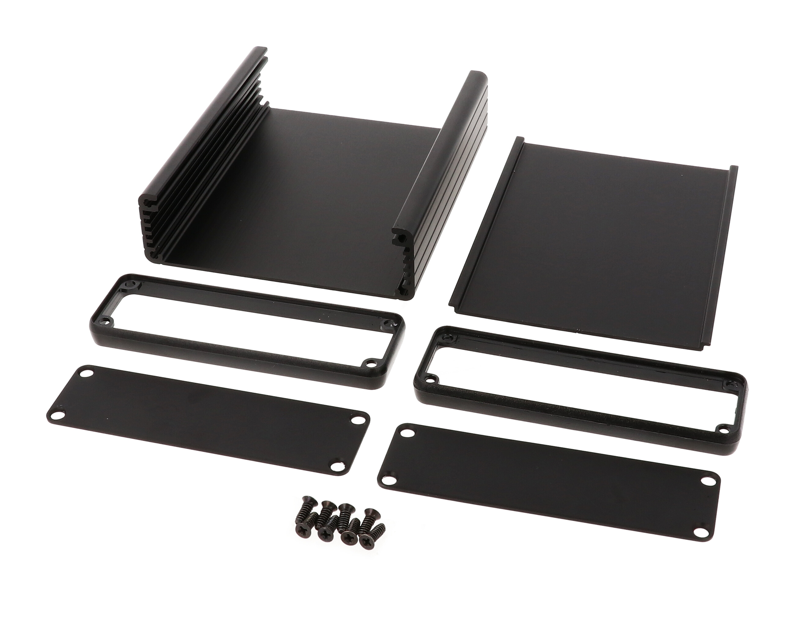 1455L1201BK black anodized extruded aluminum PC board enclosure, 120 x 103 x 30.5 mm, with aluminum end panels and black bezels