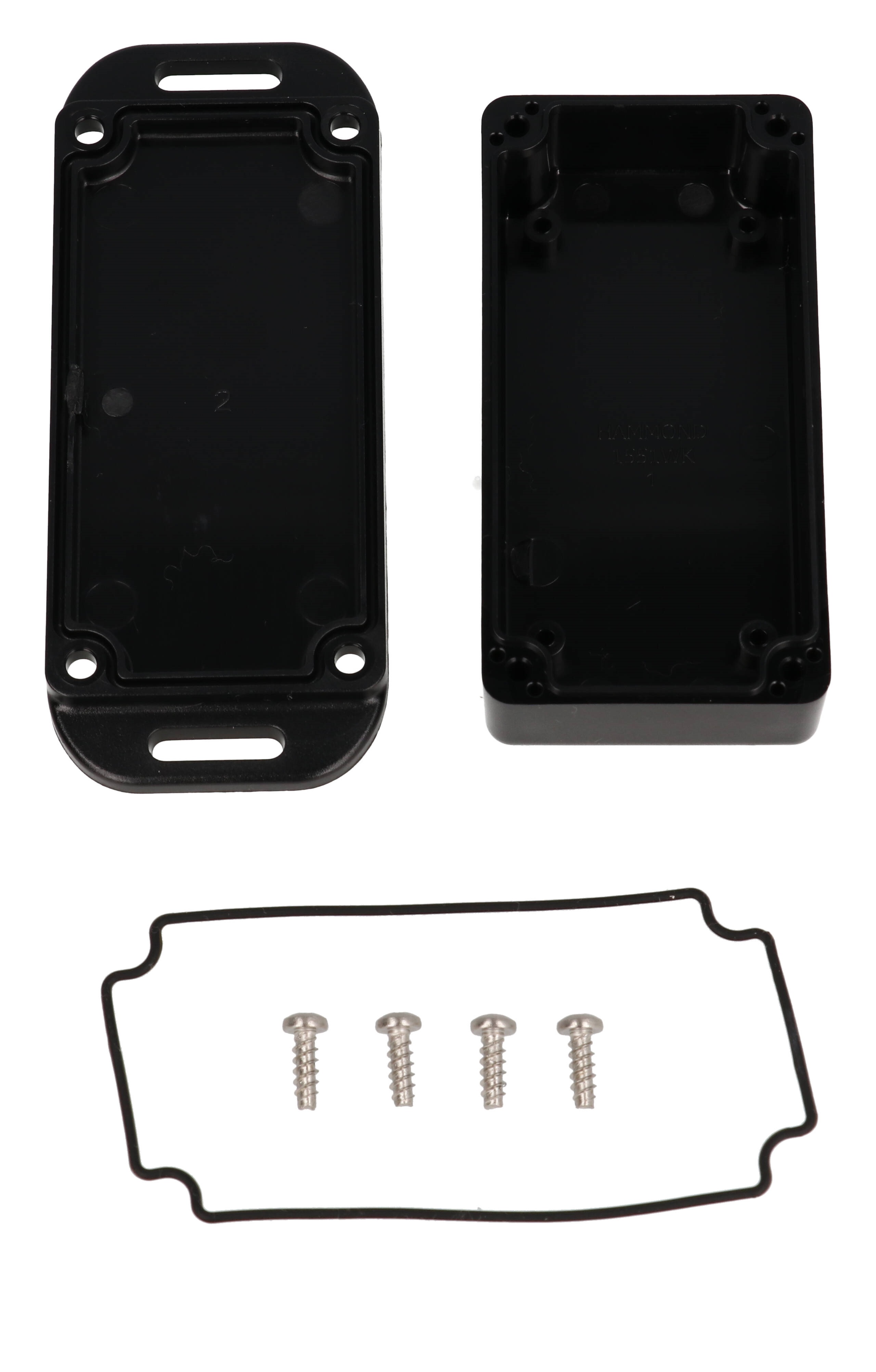 1551WKFLBK black 80 x 40 x 22 mm watertight polycarbonate enclosure with wall-mounting flanges