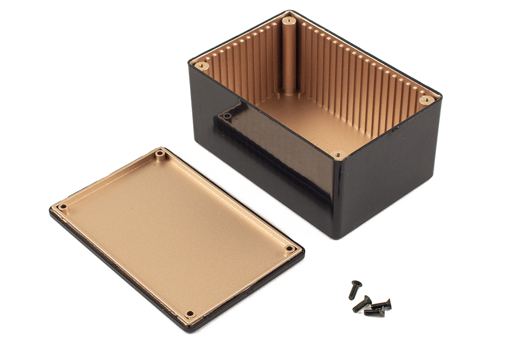 1591RTBK black ABS enclosure, 120 x 80 x 59 mm, with EMI/RFI copper conductive coating inside