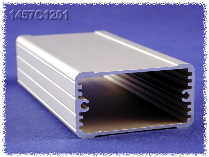 1457C1201 IP65 watertight extruded aluminum enclosure with clear anodized body and black diecast end panels