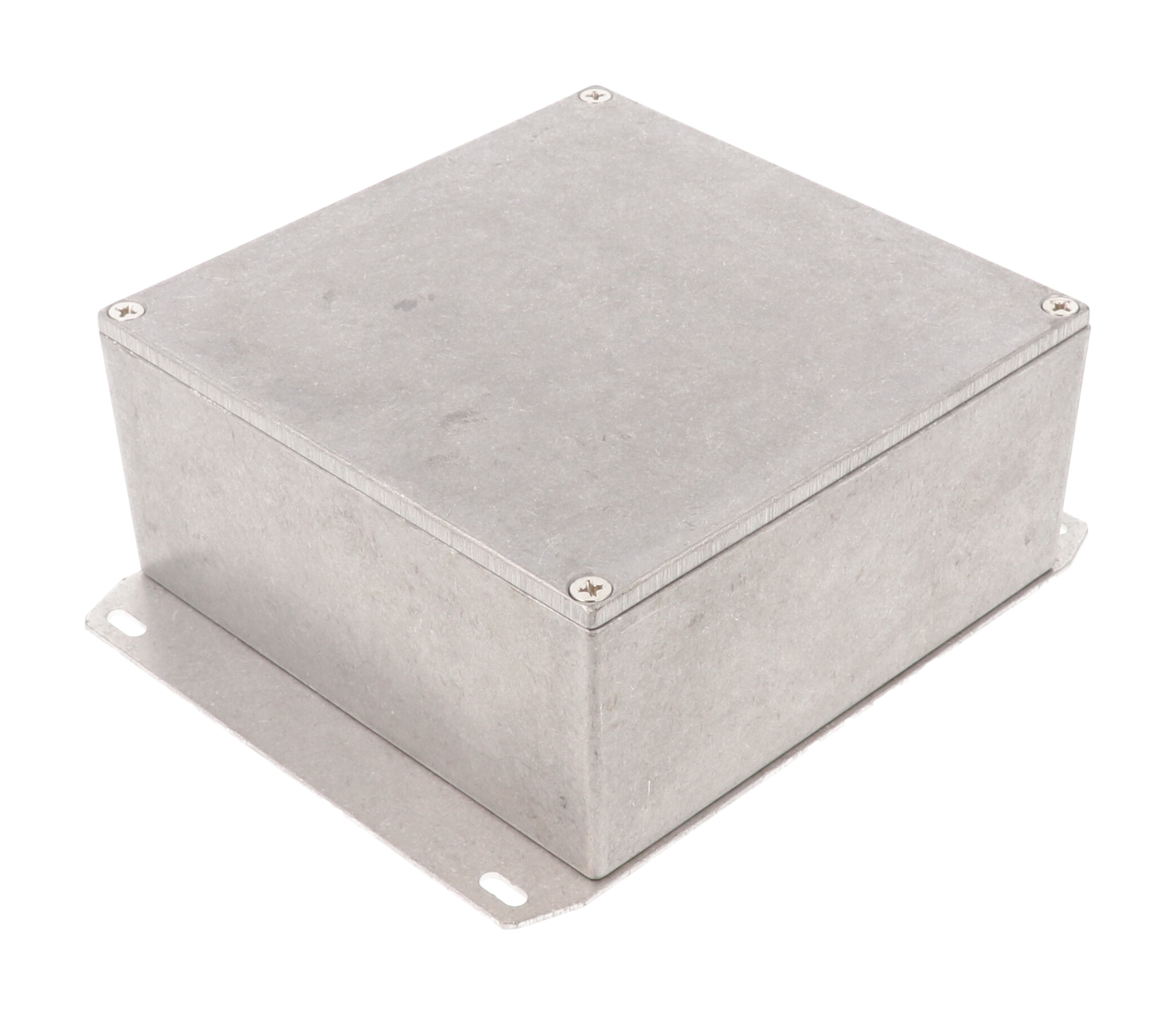 1590KKF natural diecast aluminum enclosure with welded flanged bottom plate, 125 x 125 x 57 mm