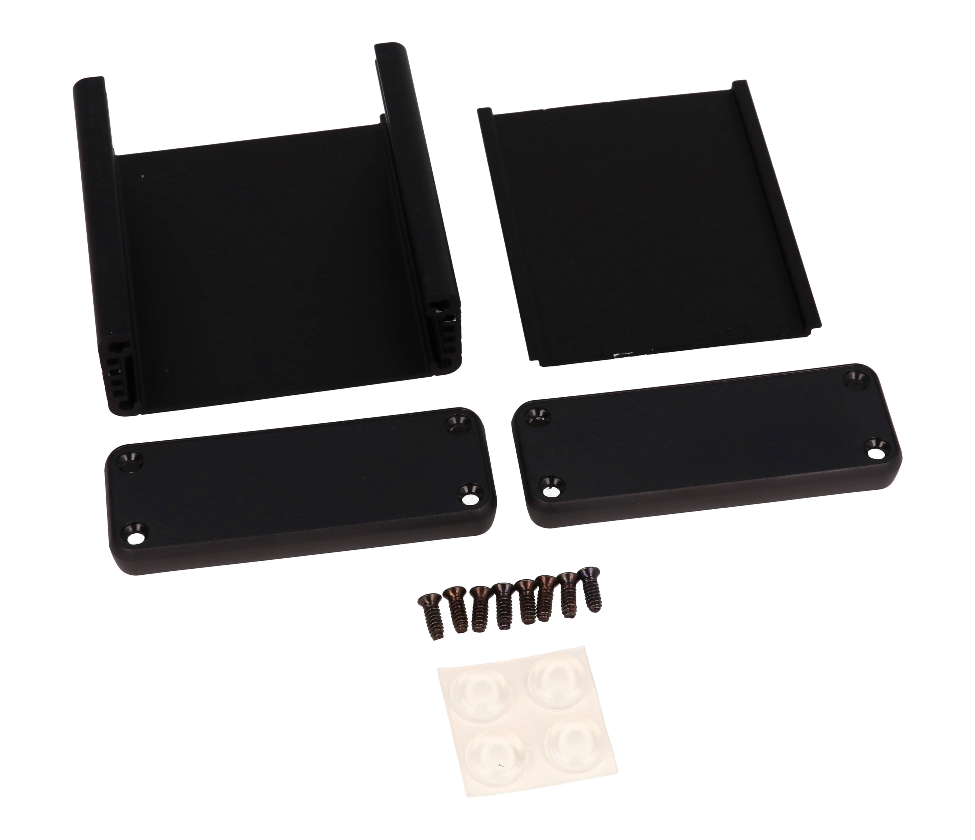 1455J802BK black anodized extruded aluminum enclosure, 80 x 78 x 27 mm, with black plastic end panels