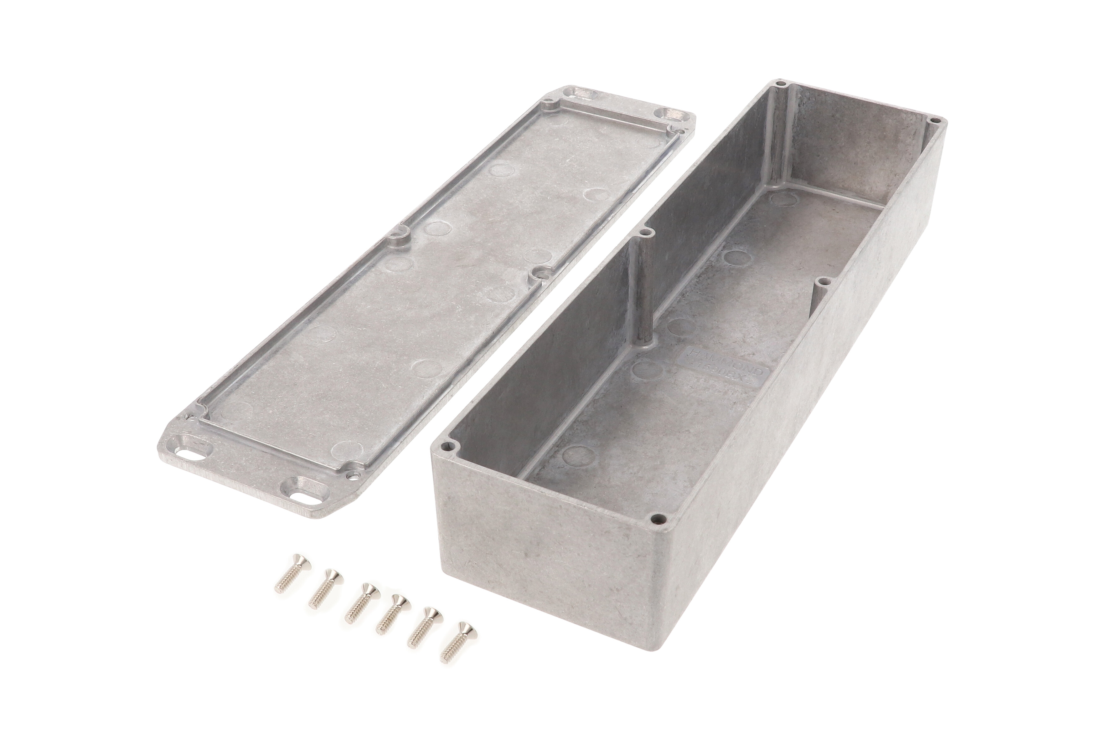 1590BXFL natural diecast aluminum enclosure with wall-mounting flanged lid, 254 x 70 x 50 mm