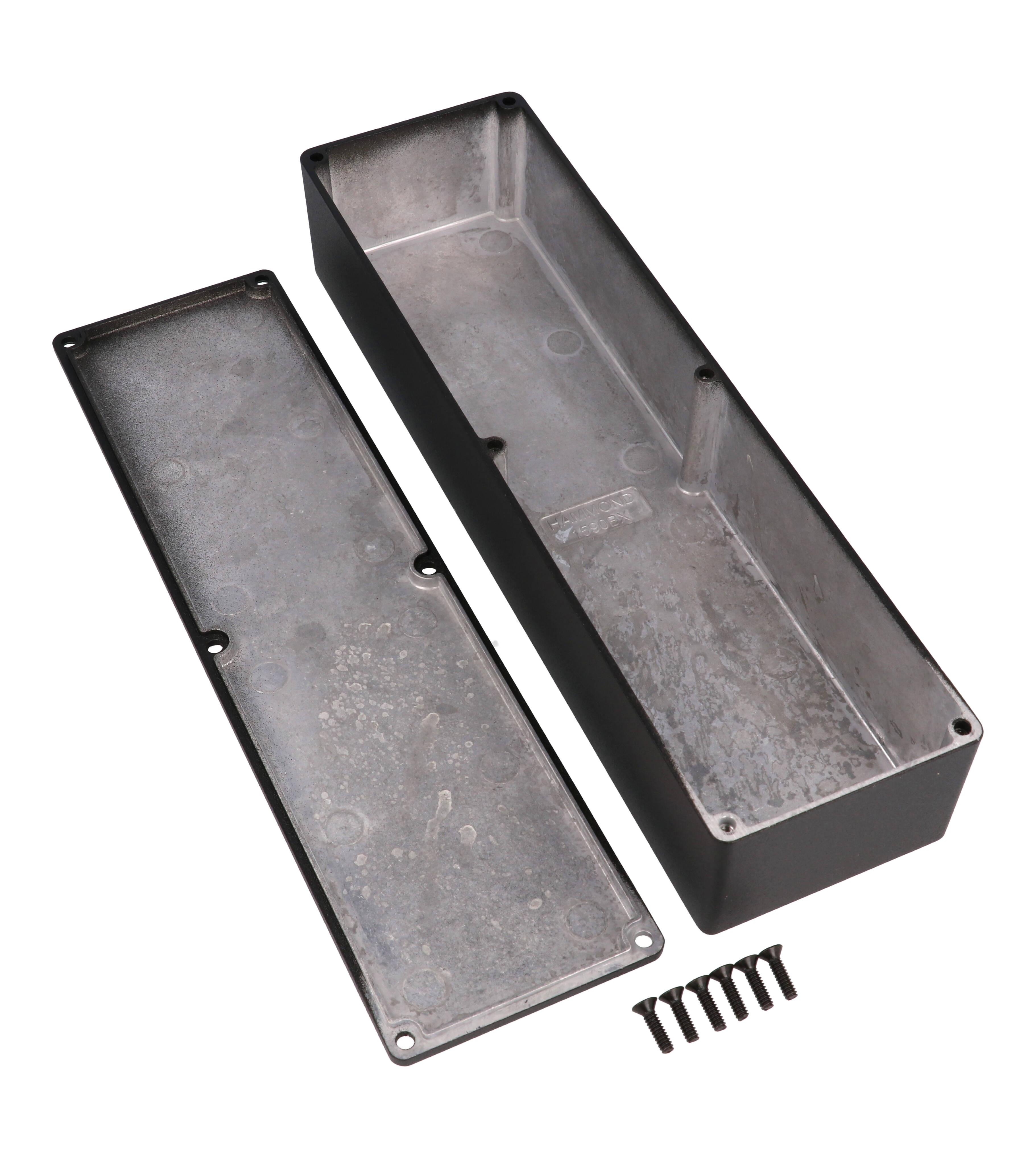 1590BXBK long black textured diecast aluminum enclosure with six-screw lid