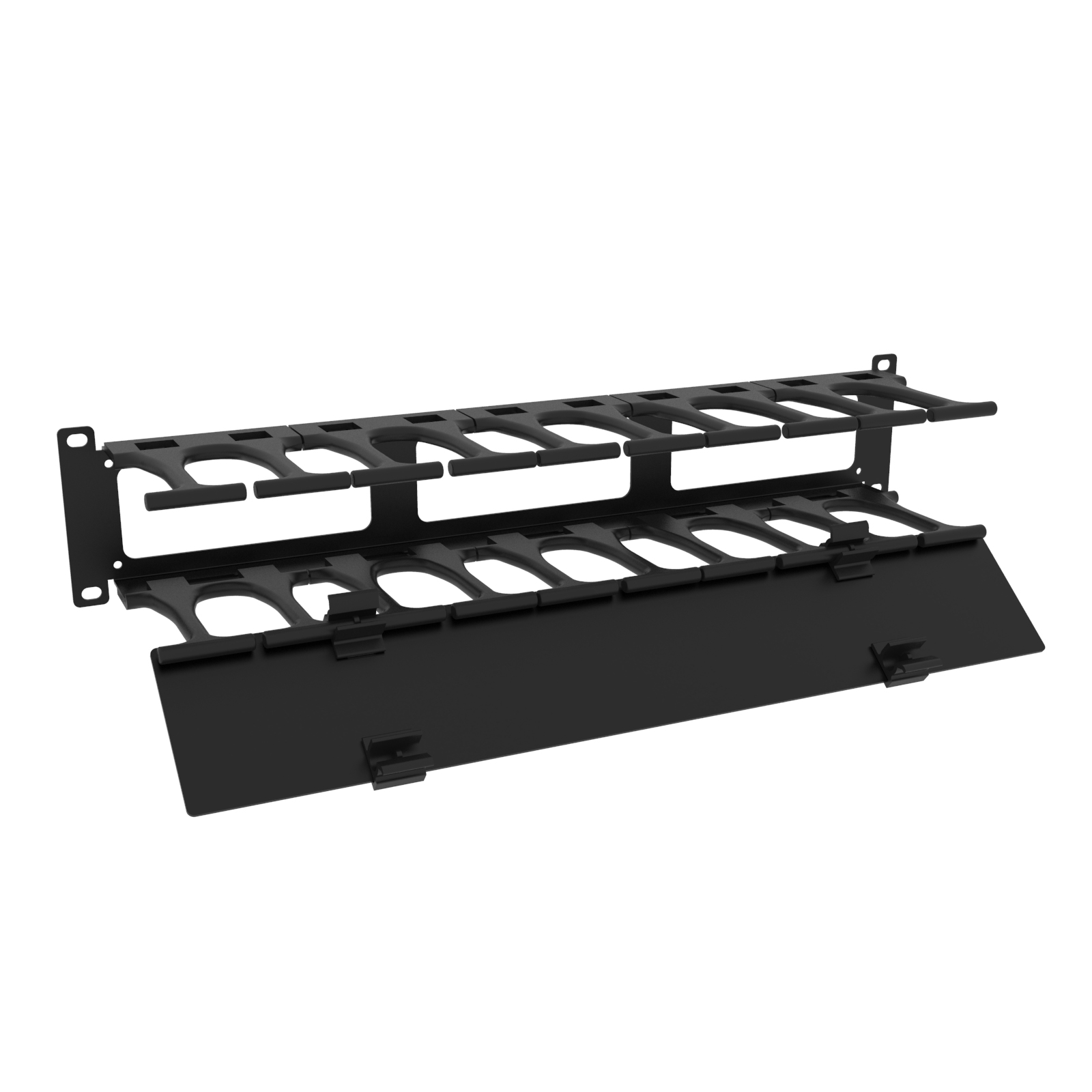 Hammond RB-HFMS2 2U black steel horizontal finger cable manager with removable cover for 19-inch racks