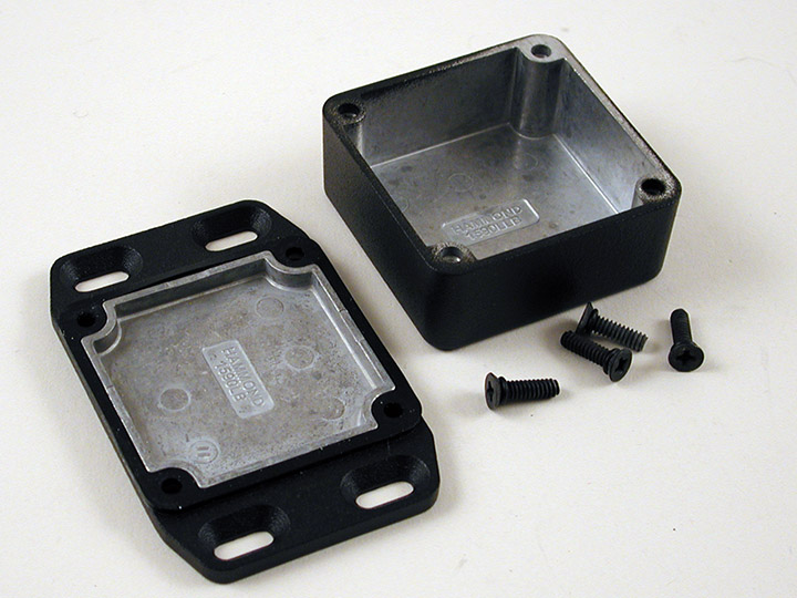 1590WLLBFLBK black low-profile watertight diecast enclosure with flanged mounting lid