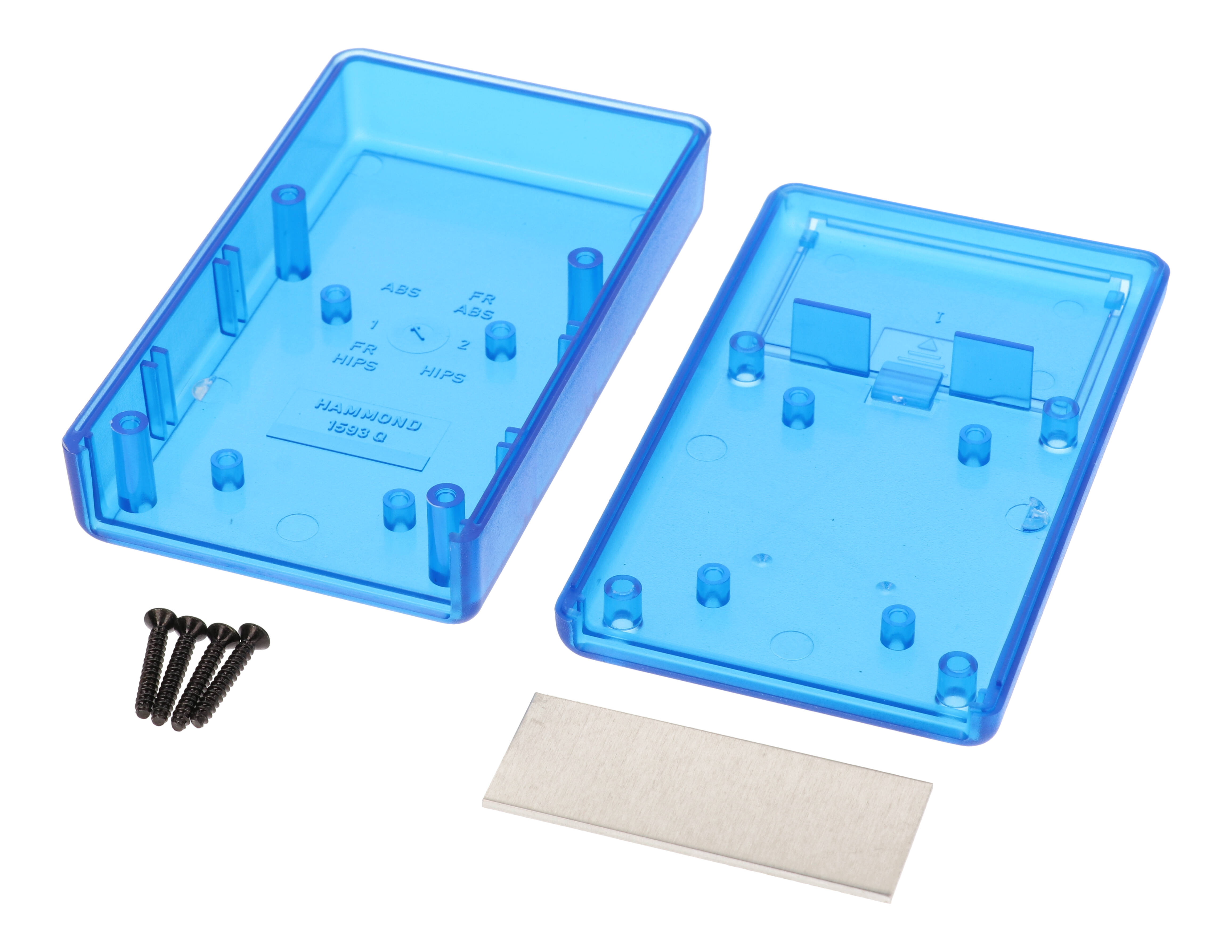 1593QALTBU transparent blue ABS handheld enclosure with battery door and aluminum front panel