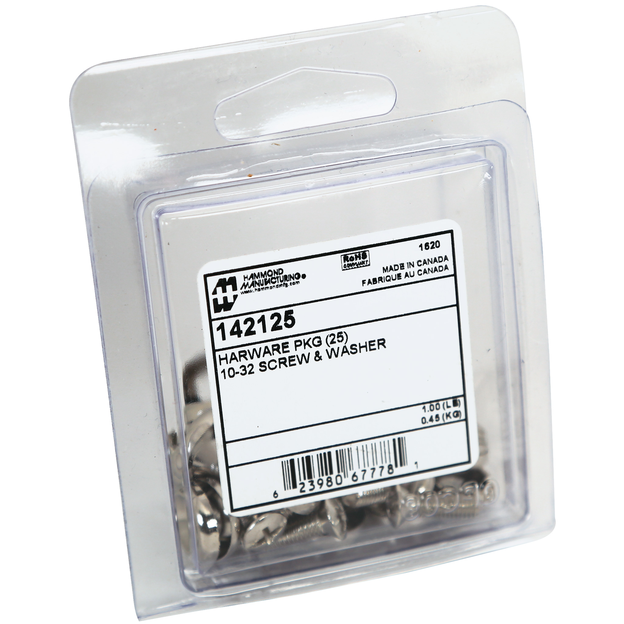Hammond 1421100 clamshell package of 100 nickel-plated 10-32 oval head rack screws with 100 metal cup finishing washers — view 4