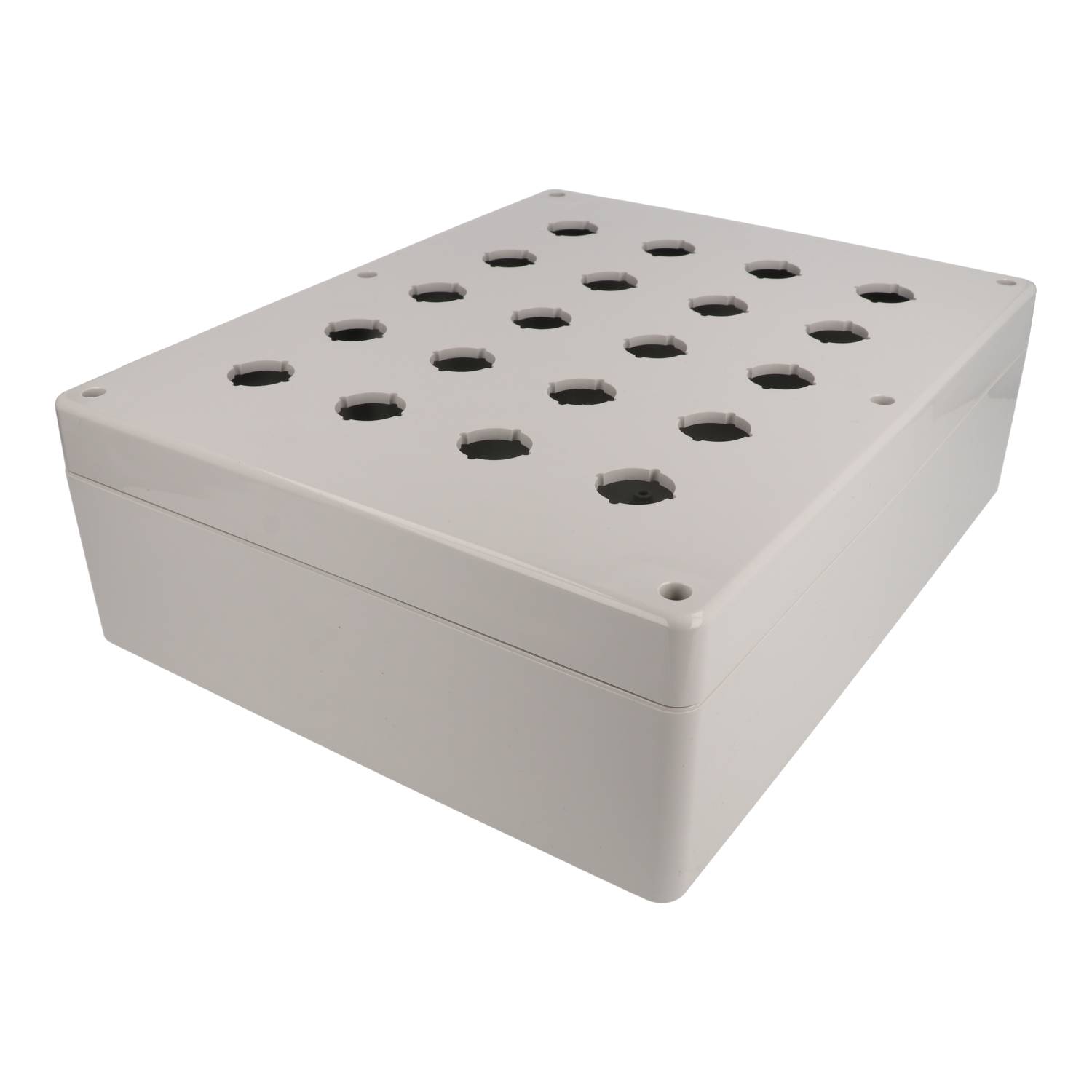 1554MPB20 light gray polycarbonate enclosure with 20 holes for 22.5 mm pushbuttons