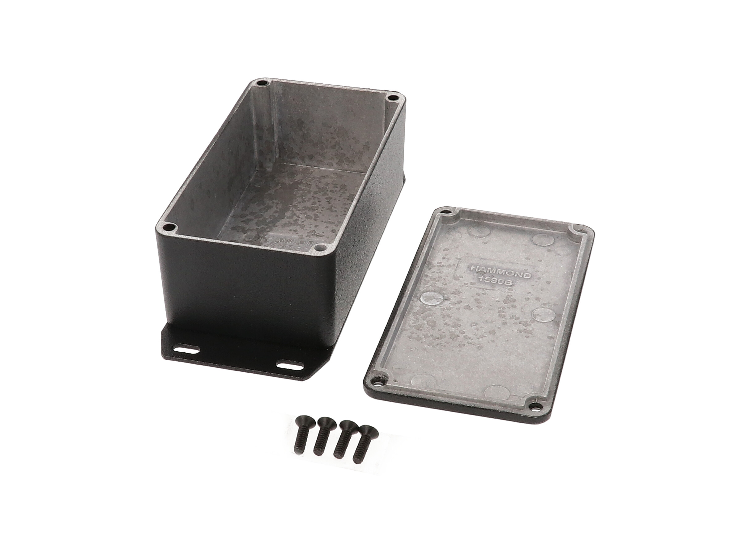 1590BSFBK black textured diecast aluminum enclosure with welded bottom flange