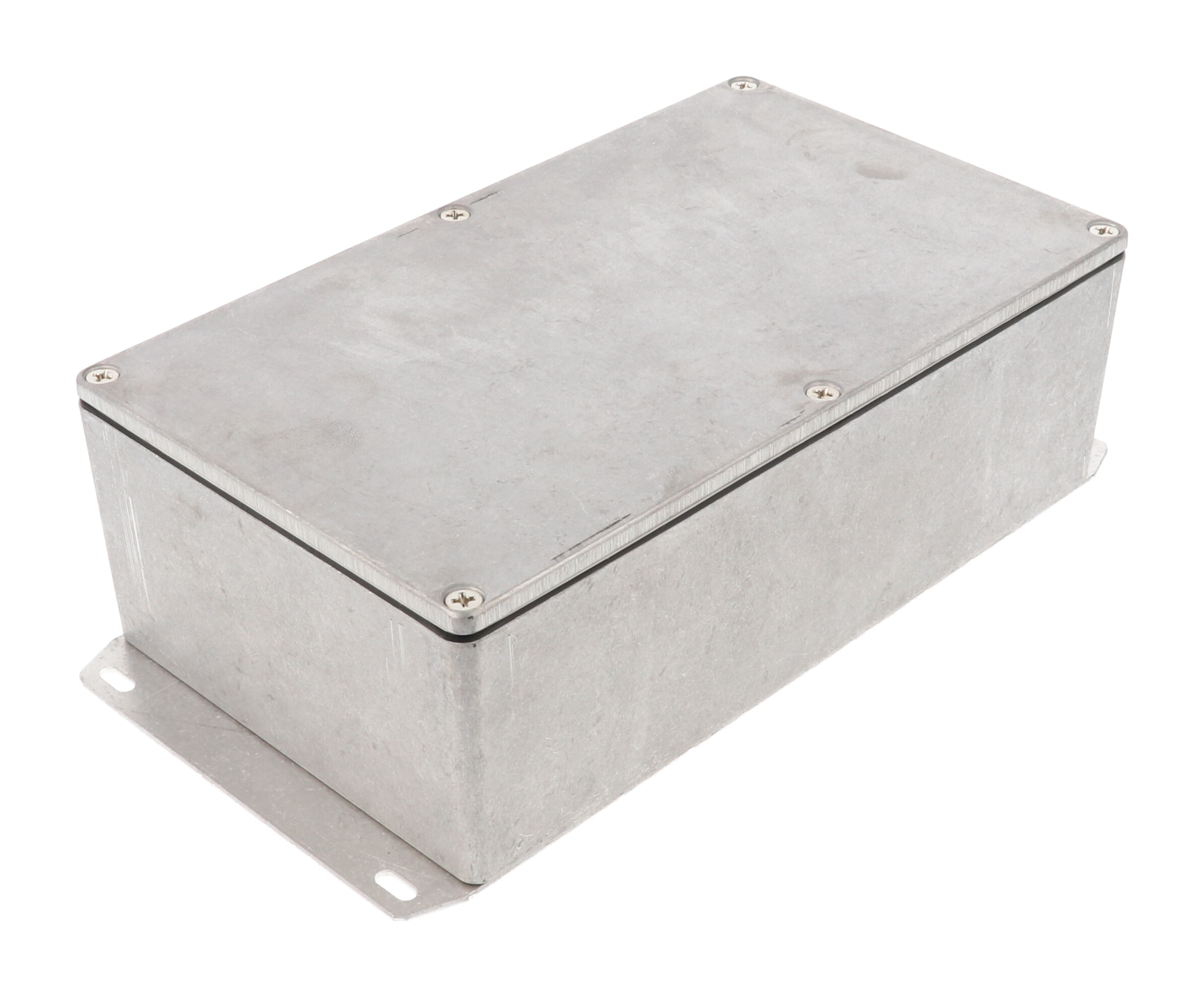 1590WR1F natural aluminum IP65 water-tight diecast aluminum enclosure with a welded flanged bottom plate, 192x112x61mm