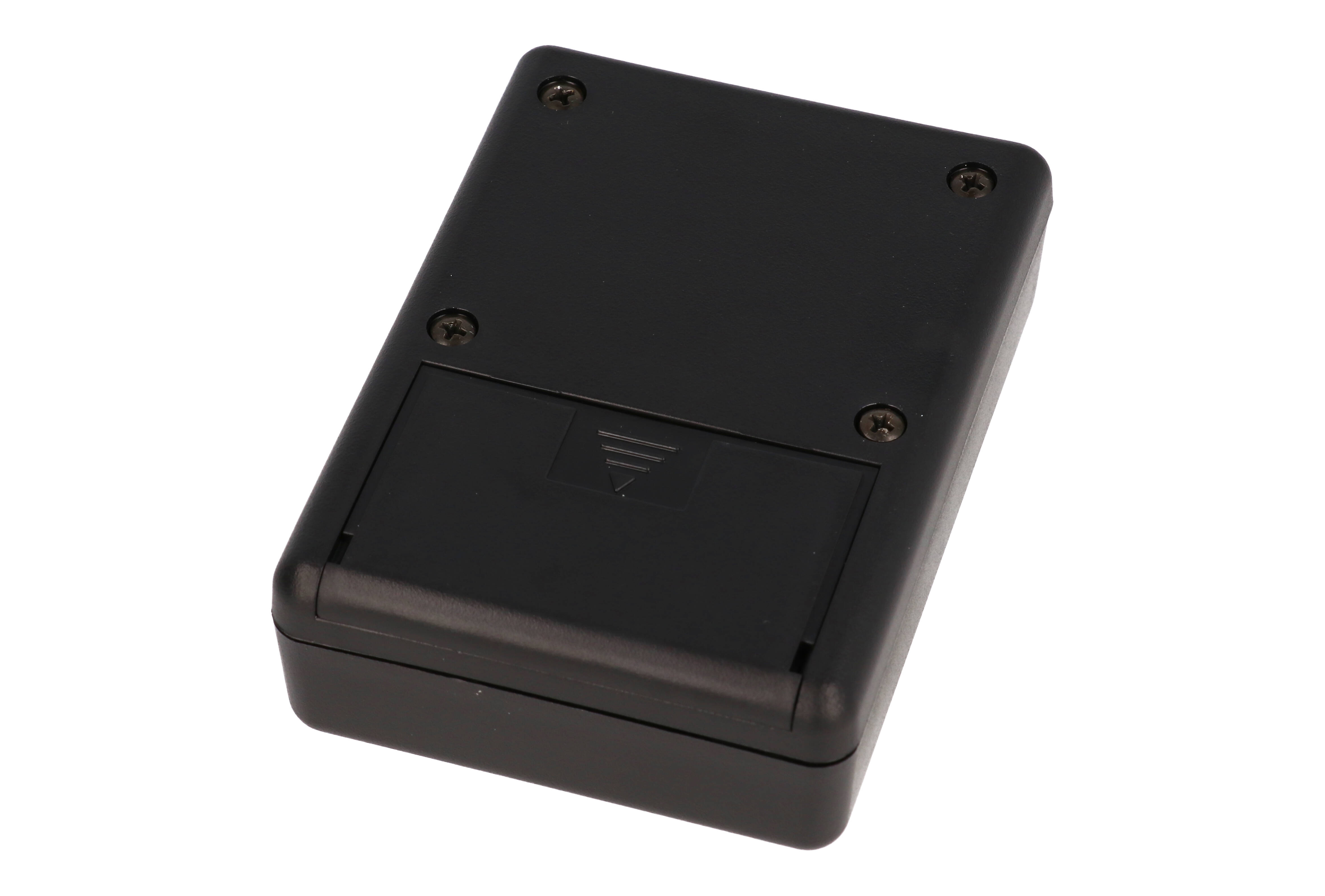 1593PALBK black ABS handheld enclosure with battery door and aluminum front panel