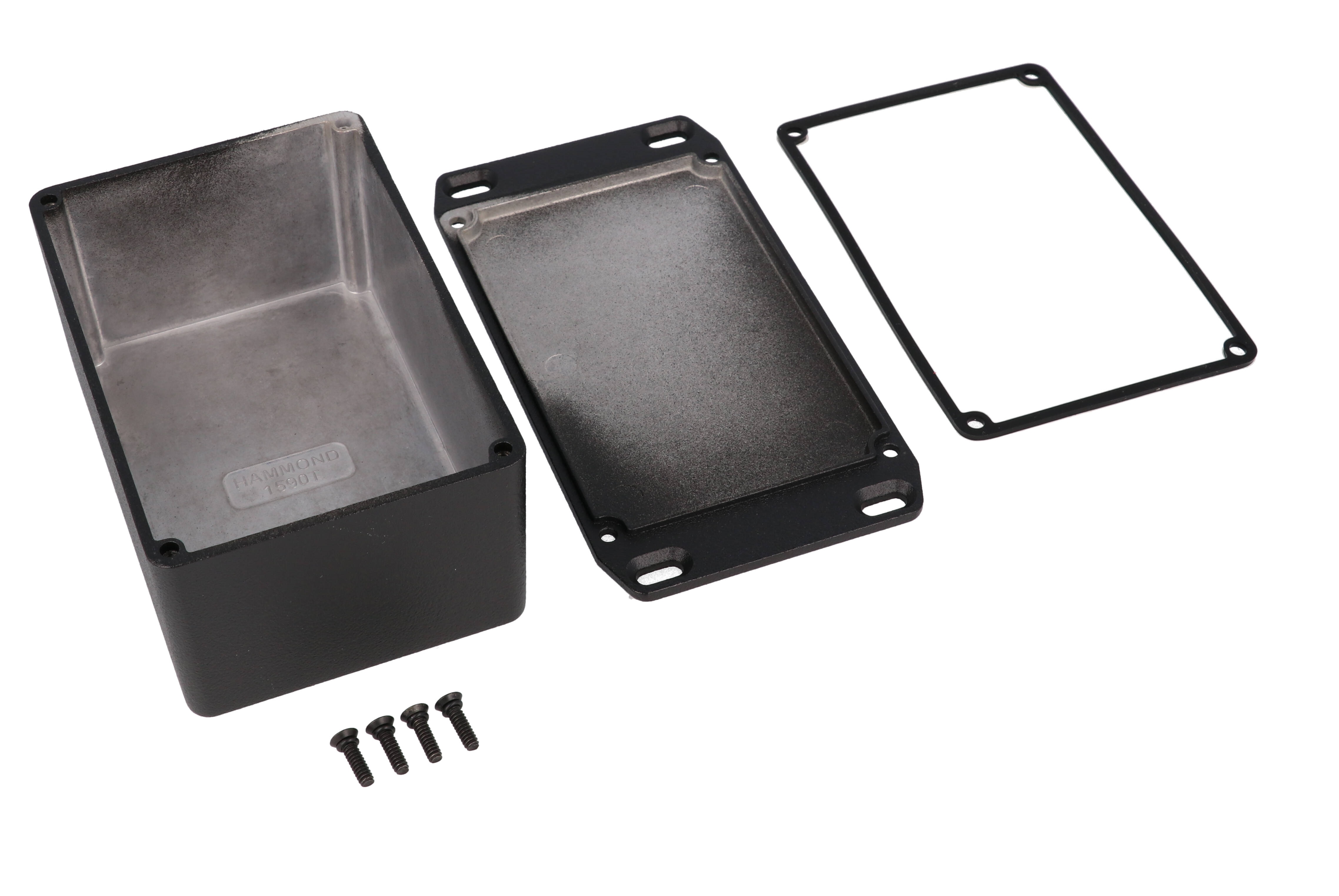 1590WTFLBK black textured IP65 water-tight diecast aluminum enclosure with a wall-mounting flanged lid, 120x80x59mm