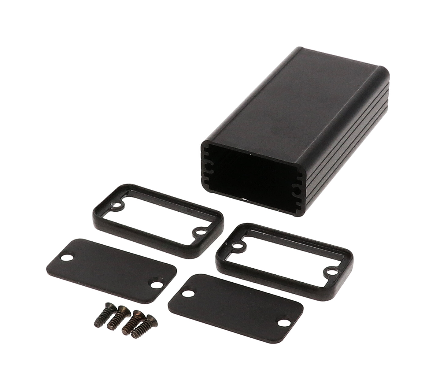 1455D801BK black anodized extruded aluminum enclosure, 80 x 45 x 25 mm, with aluminum end panels and black open bezels