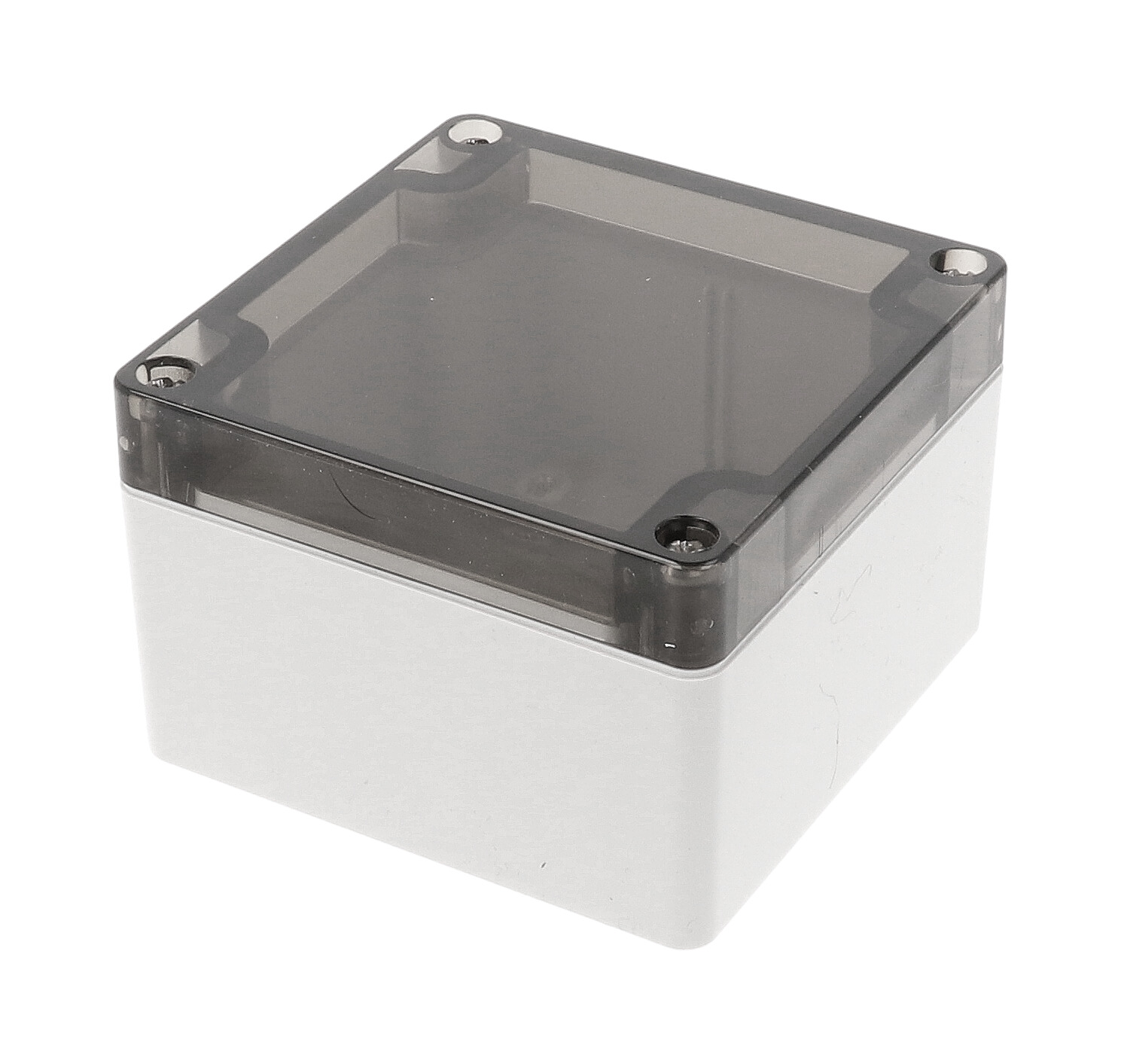 1554E2GYSL square light gray polycarbonate enclosure with smoked lid, 90 x 90 x 61 mm