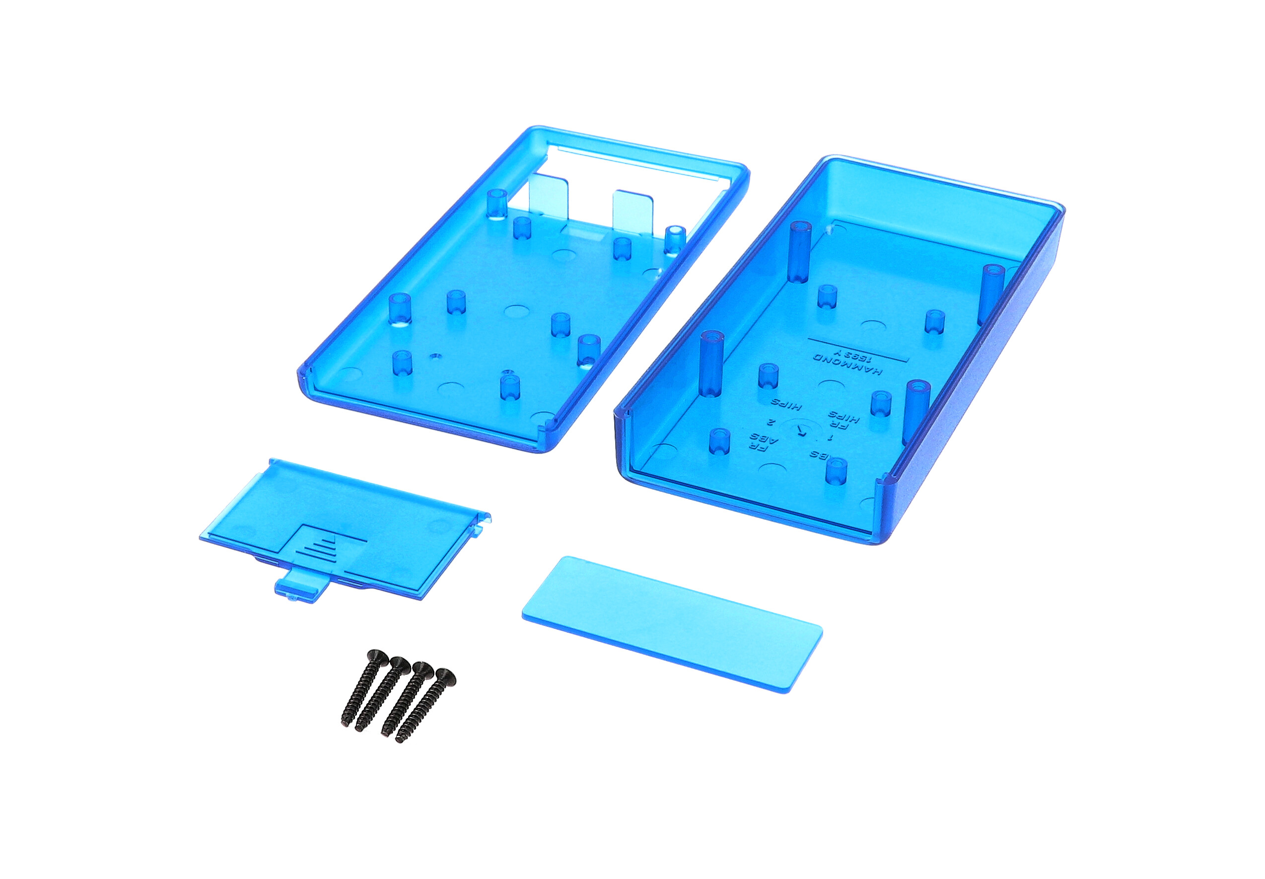 1593YTBU transparent blue ABS hand held enclosure with battery door, 140 x 66 x 28 mm
