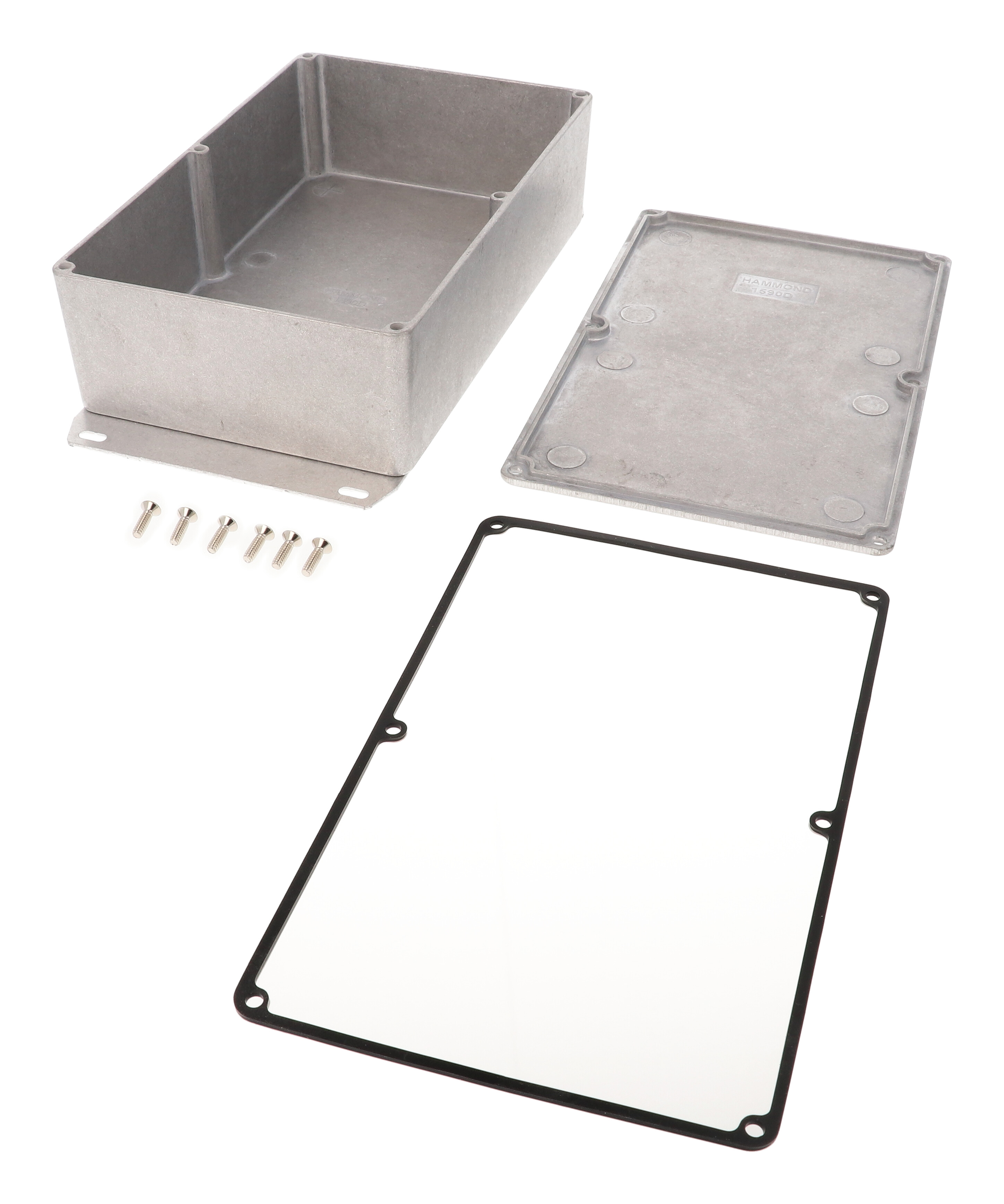 1590WDF natural aluminum watertight diecast aluminum enclosure, 188 mm x 119 mm x 56 mm, with flanged bottom plate