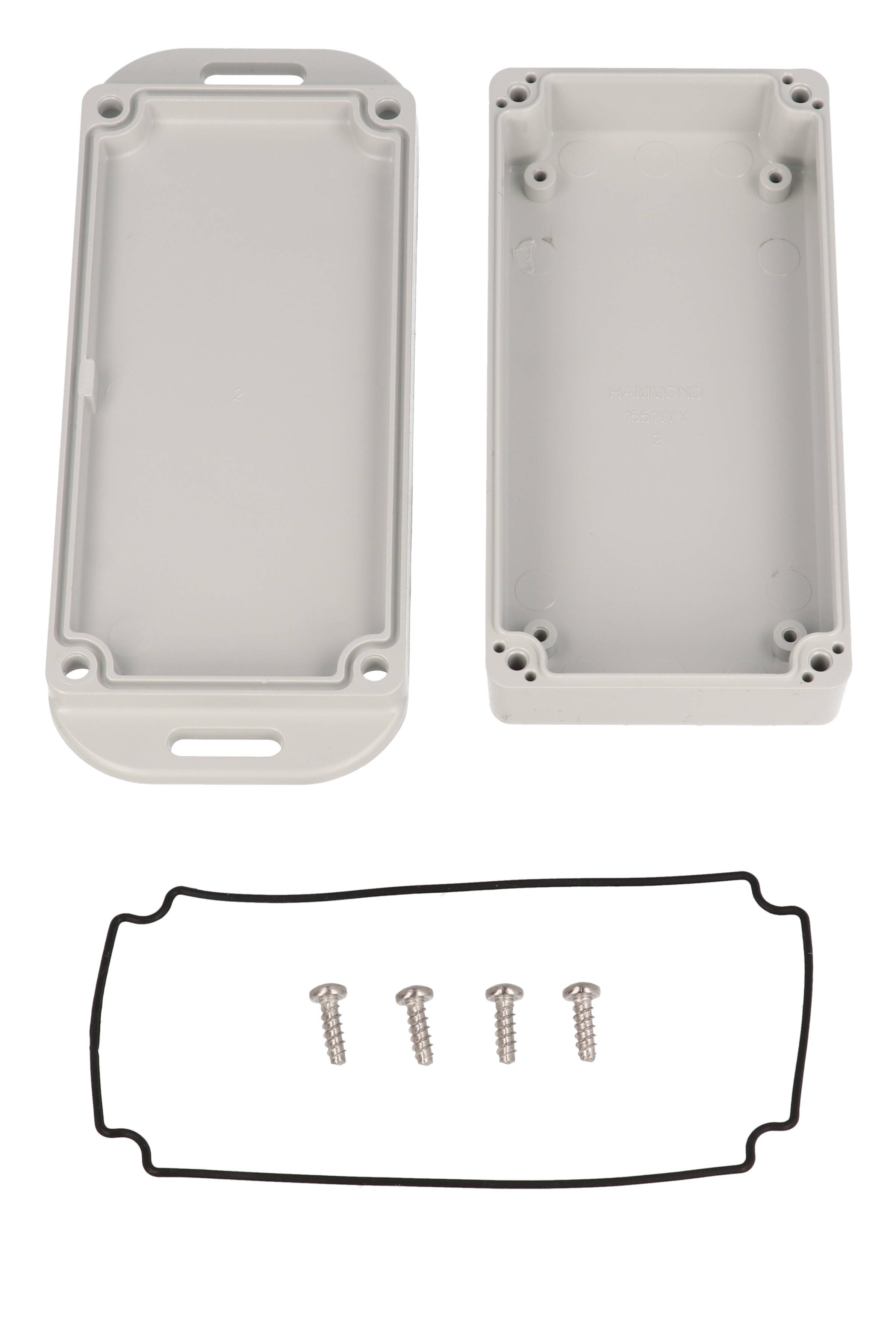 1551WYFLGY light gray 100 x 50 x 24 mm watertight polycarbonate enclosure with wall-mounting flanges