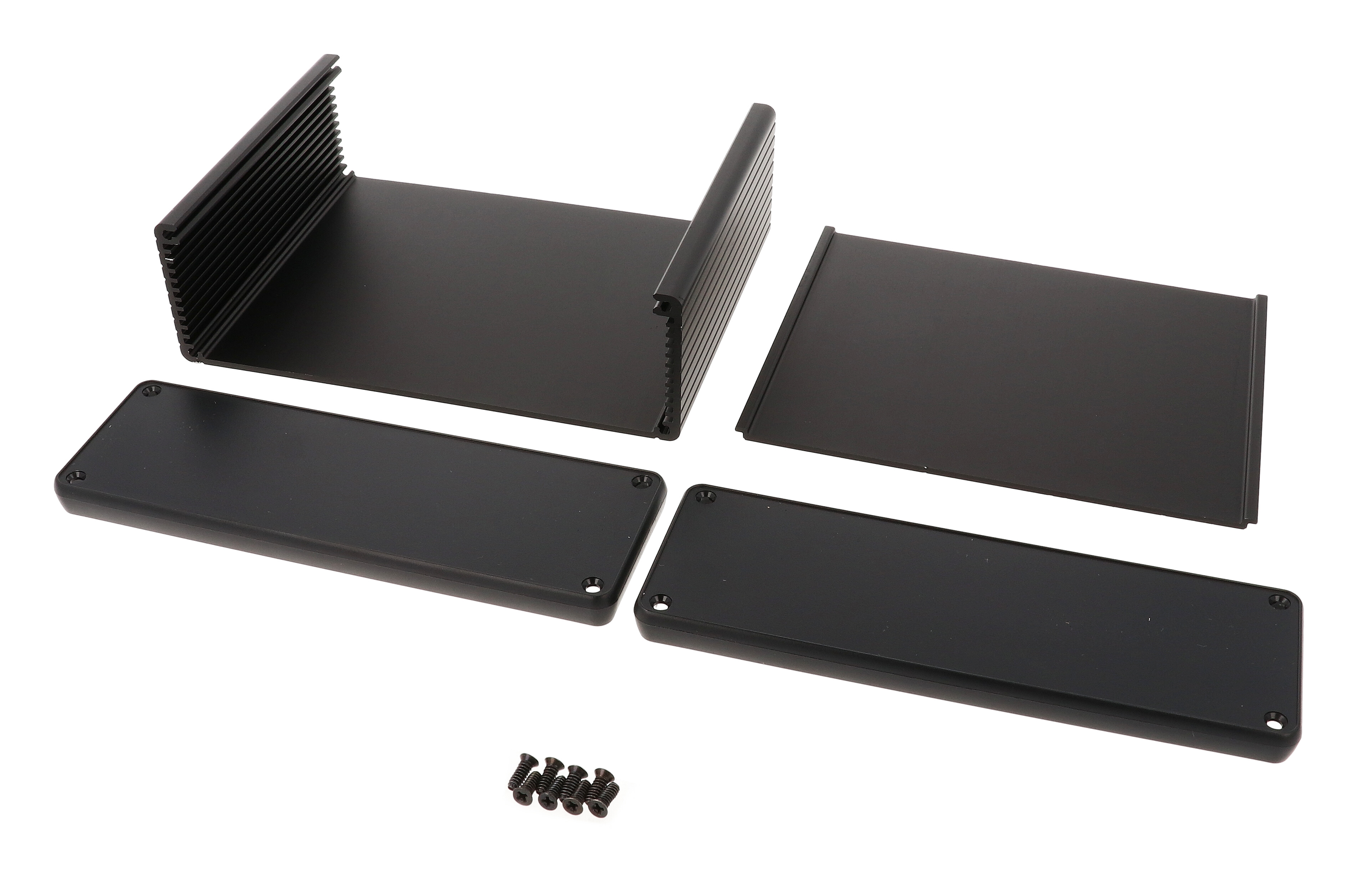 1455T1202BK black anodized extruded aluminum enclosure, 120 x 165 x 51.5 mm, with black plastic end panels