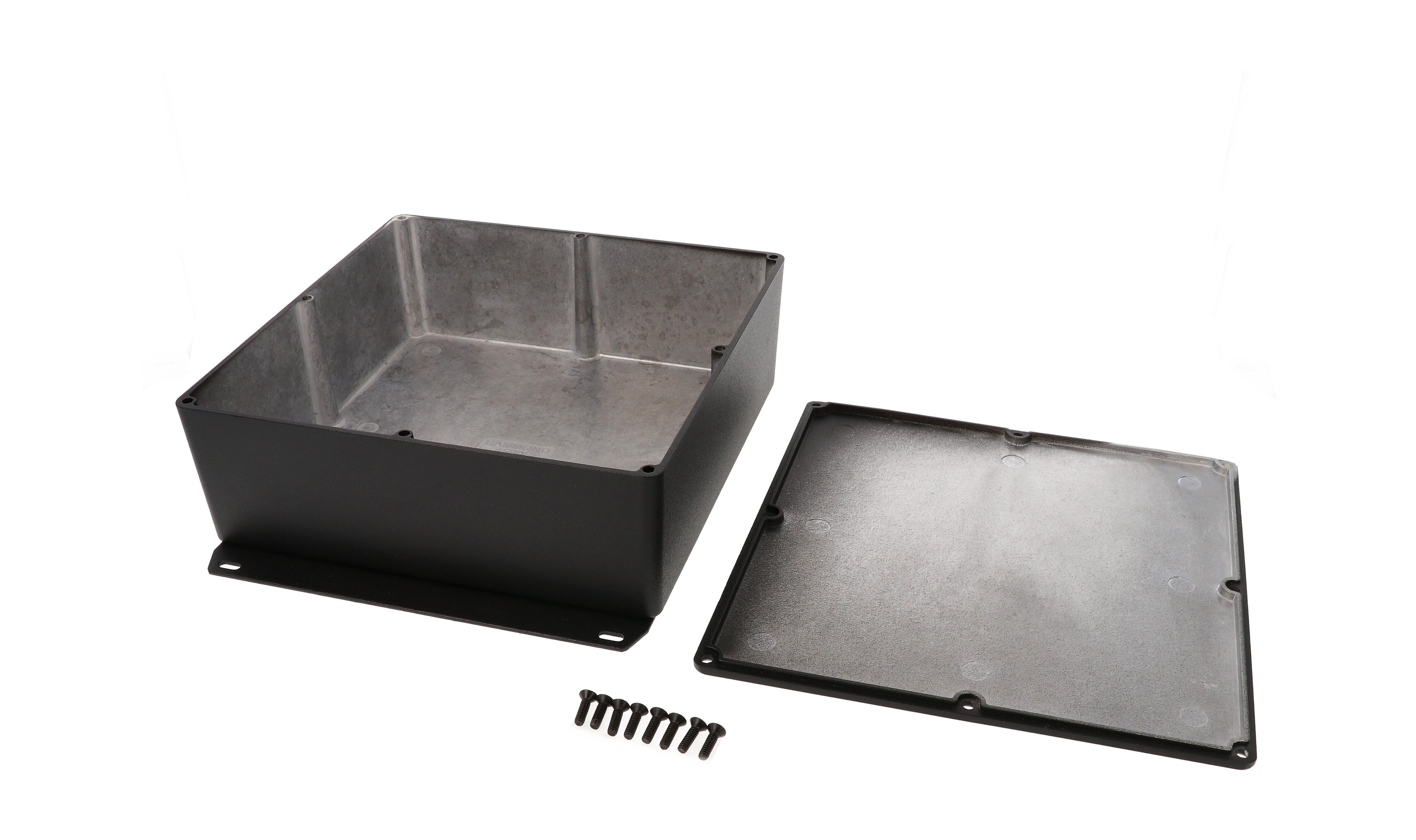 1590FFBK textured black square diecast aluminum enclosure with welded base flange
