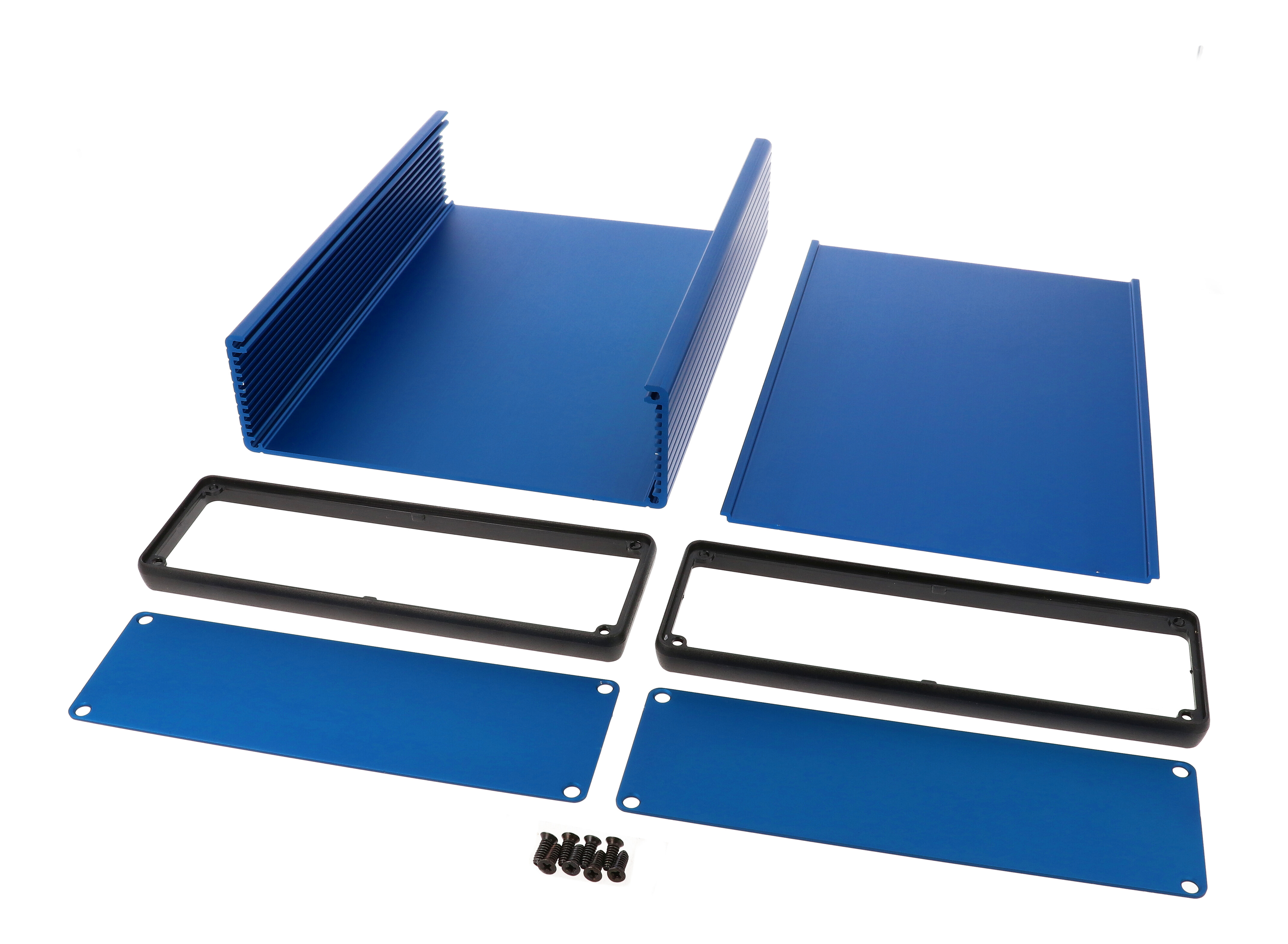 1455T2201BU blue anodized extruded aluminum enclosure with blue aluminum end panels and black bezels