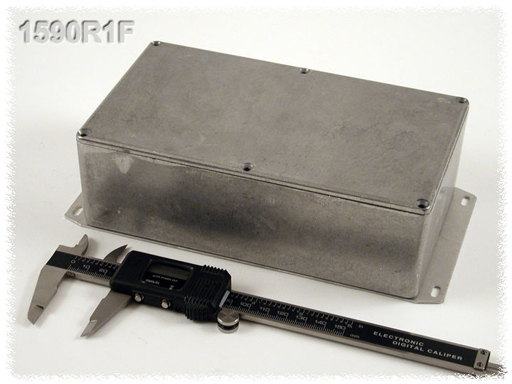 1590R1F natural aluminum diecast aluminum enclosure with welded flanged bottom plate, 192 x 112 x 61 mm