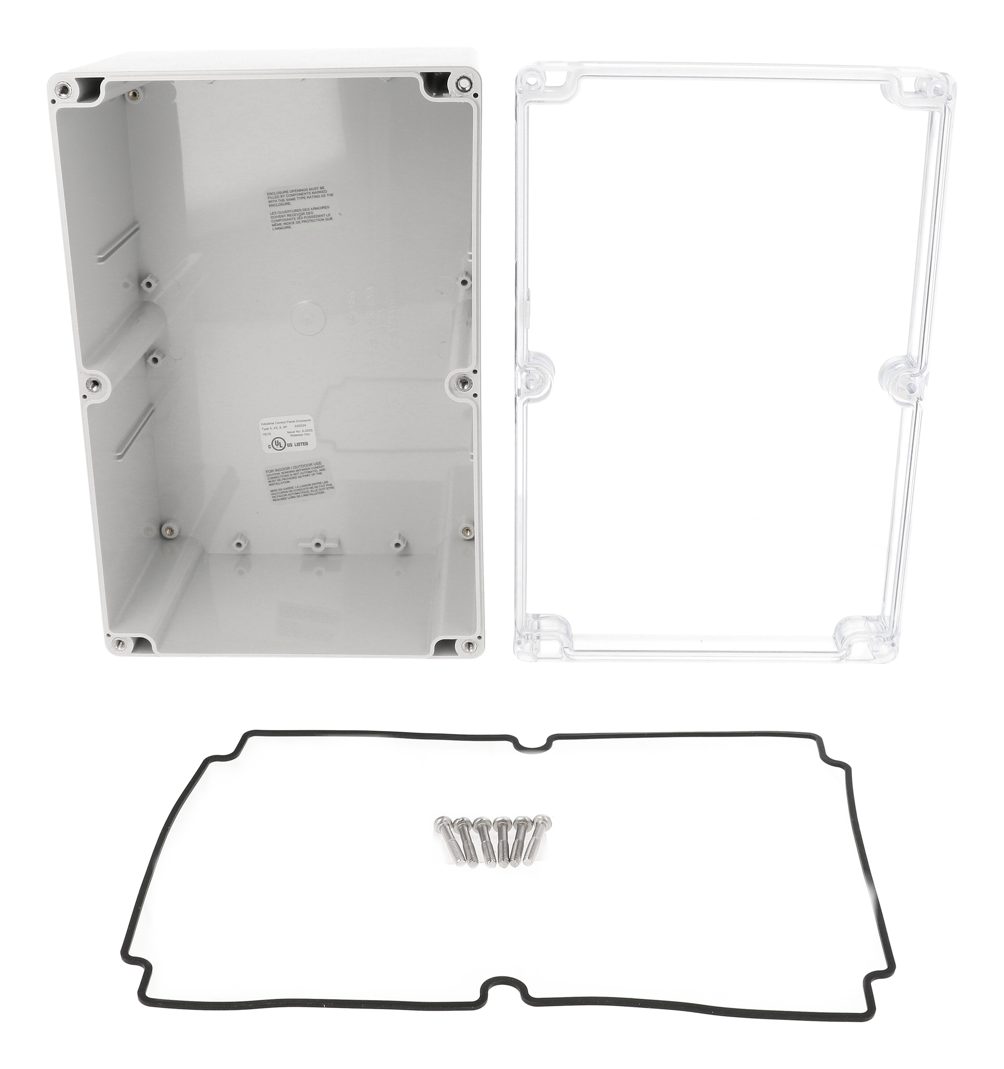 1554VB2GYCL polycarbonate deep enclosure with clear screw cover lid, 240 x 160 x 120 mm