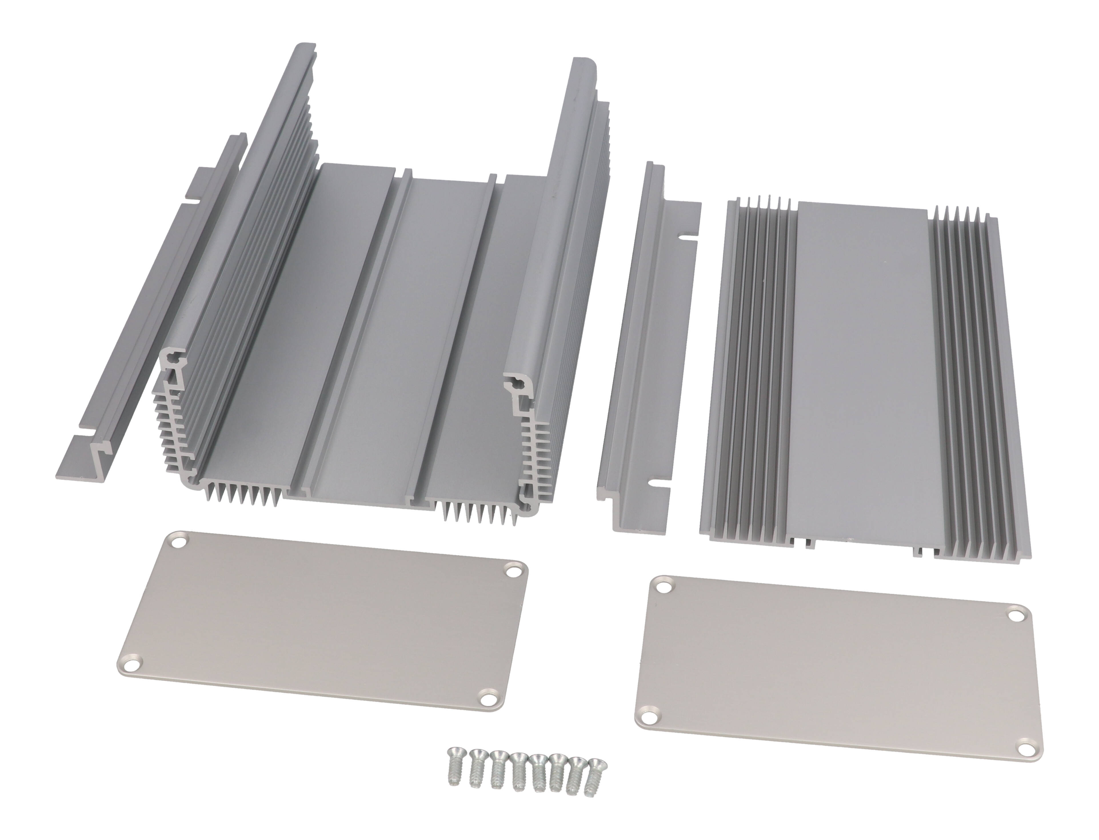 1455NHD1601 clear anodized finned heat dissipating extruded aluminum enclosure, 160 x 111 x 61 mm, with mounting flanges