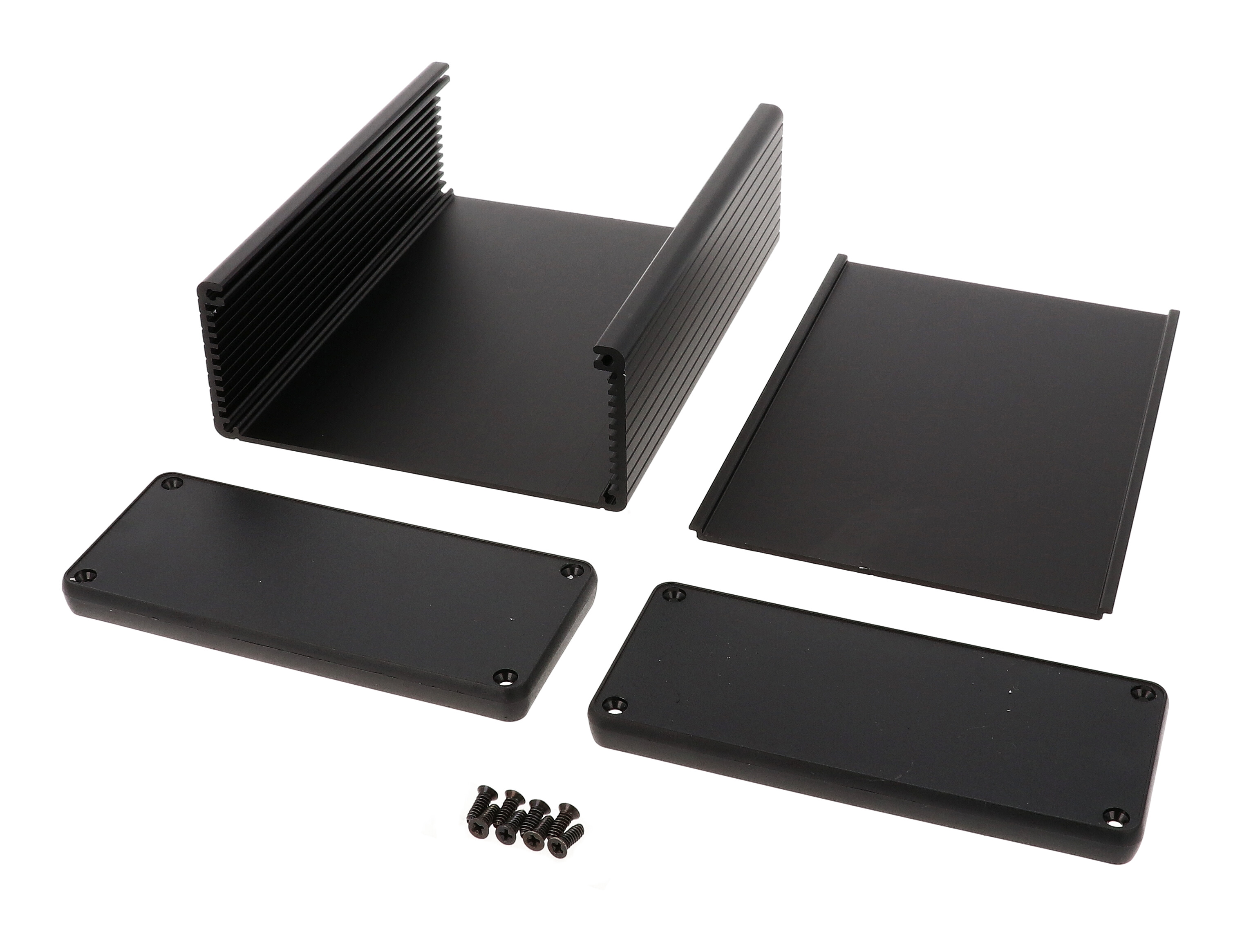1455Q1602BK black anodized extruded aluminum PC board enclosure 160 x 125 x 51.5 mm with black closed plastic end panels