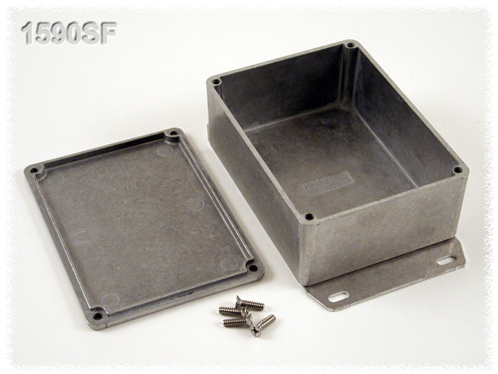 1590SF natural aluminum diecast aluminum enclosure with welded flanged bottom plate, 110 x 82 x 44 mm
