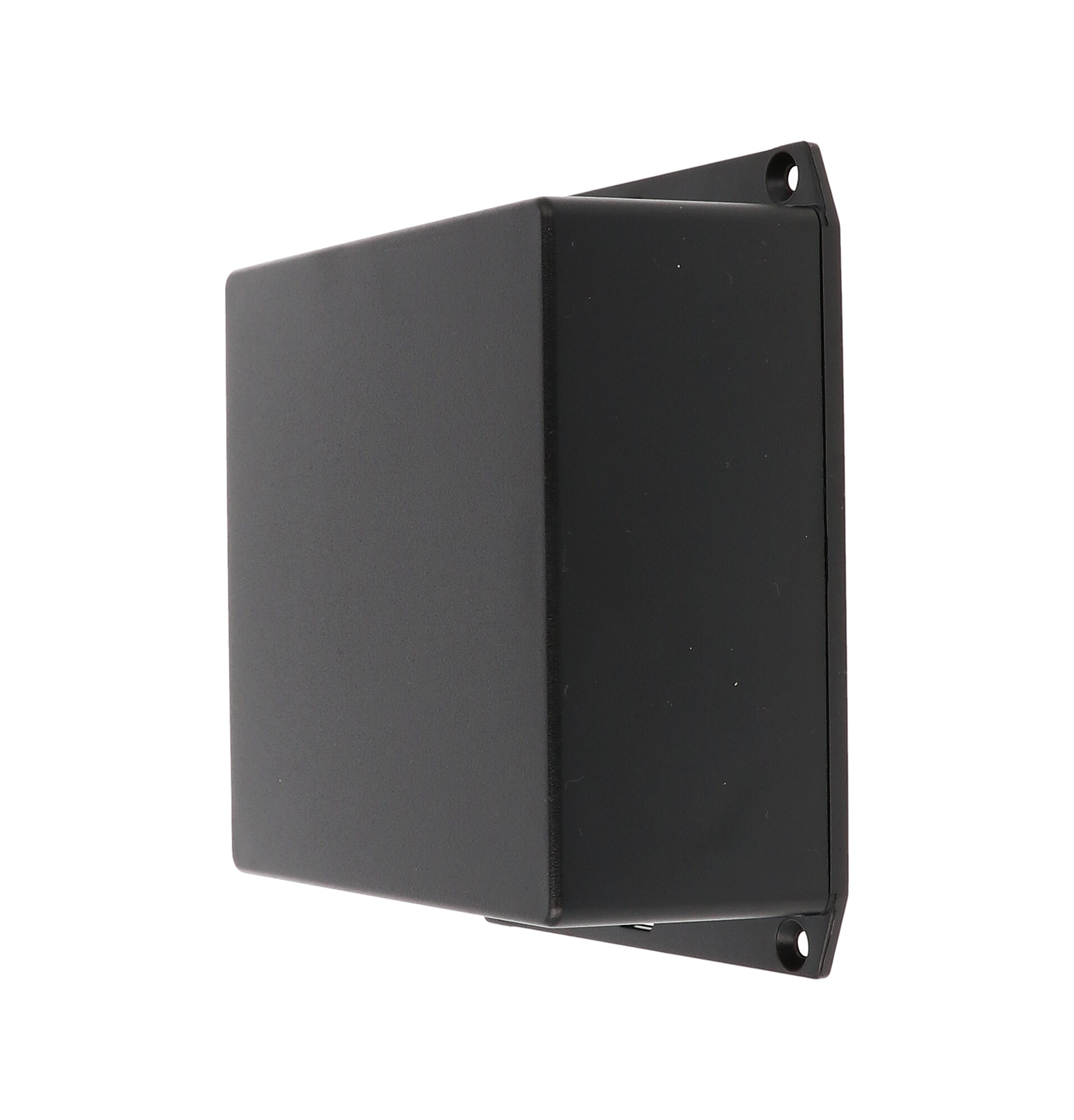 1591XXUFLBK black ABS plastic flanged-lid enclosure with PC board standoffs, 124 x 124 x 60 mm