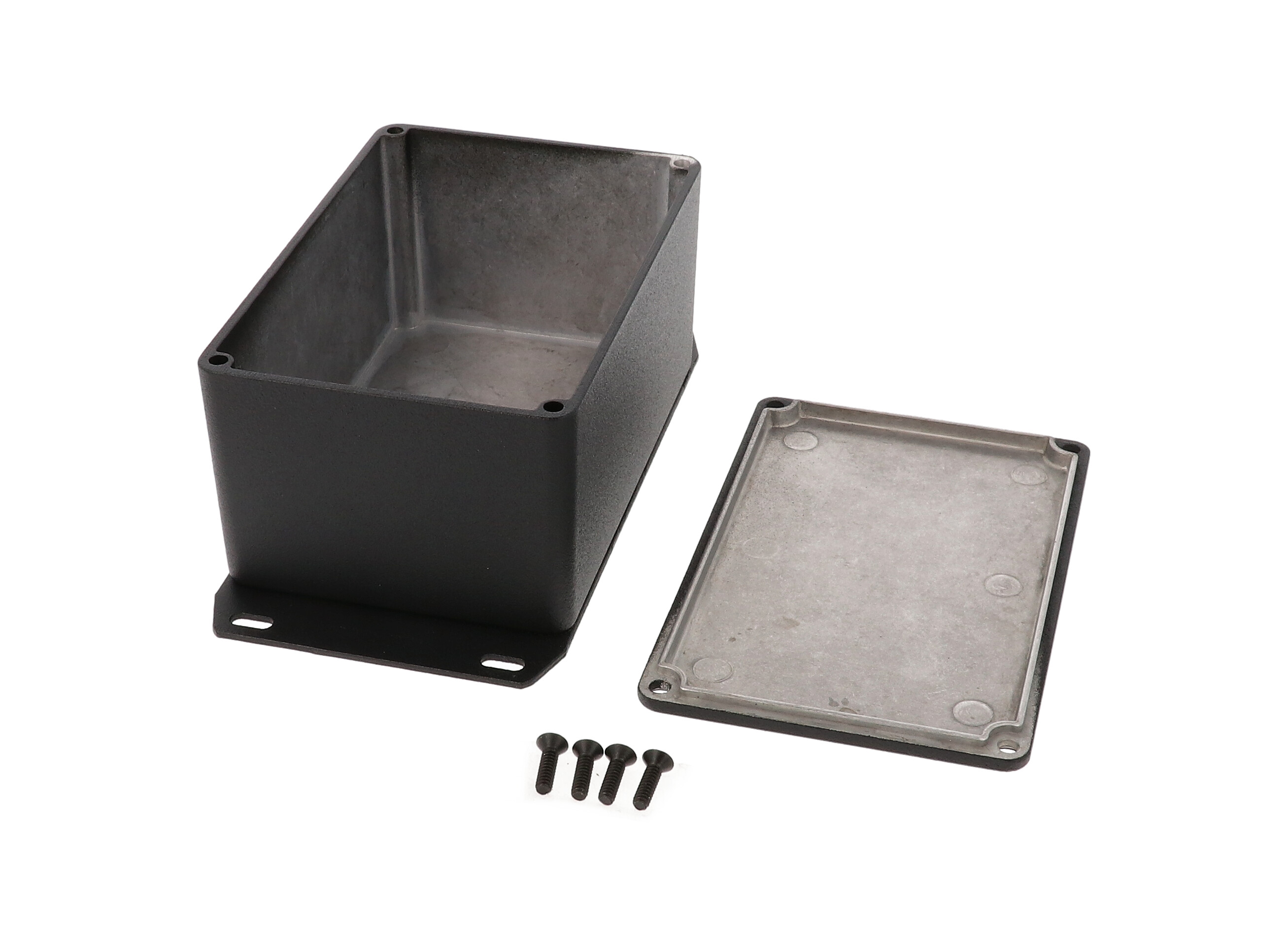 1590TFBK textured black diecast aluminum enclosure with flanged bottom plate, 120 x 80 x 59 mm