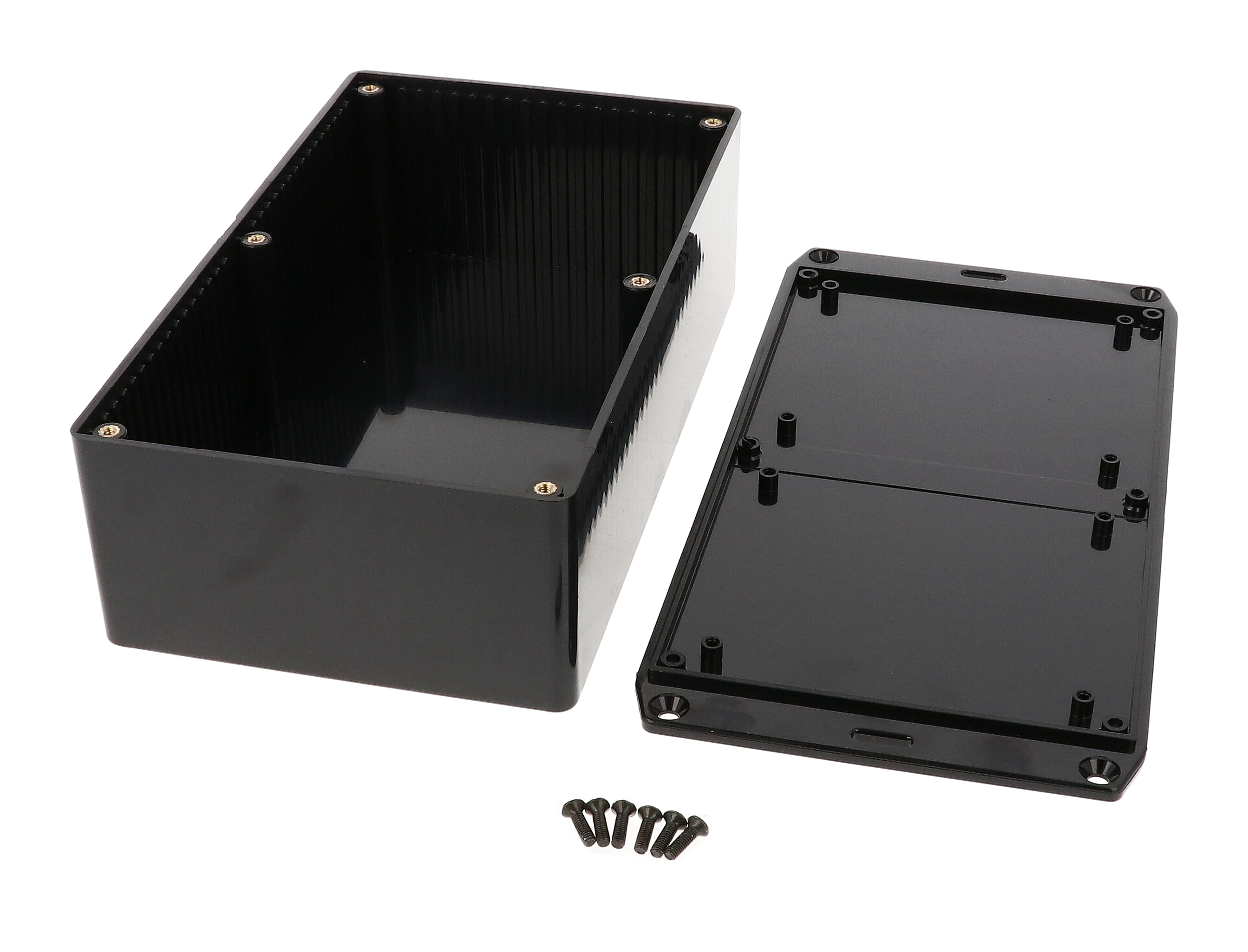 1591EFLBK black flame retardant ABS enclosure with flanged mounting lid, 1591E size