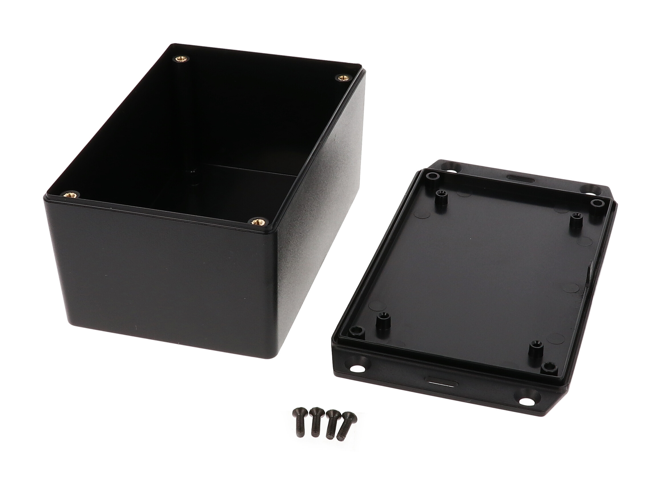 1591XXTFLBK black ABS plastic flanged-lid enclosure with PC board standoffs, 123 x 83 x 59 mm