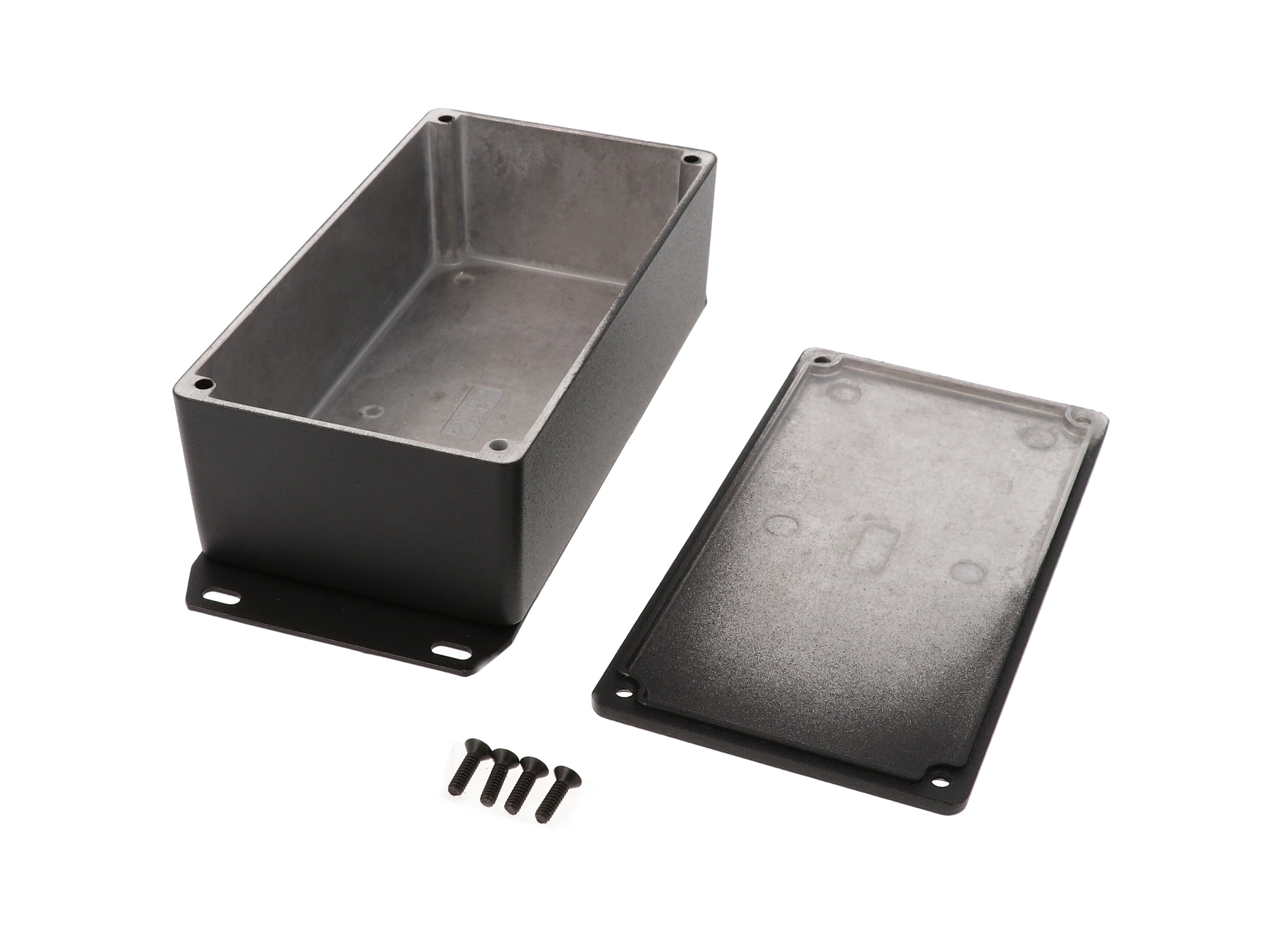 1590P1FBK black textured 153 x 83 x 50 mm diecast aluminum enclosure with welded bottom mounting flange