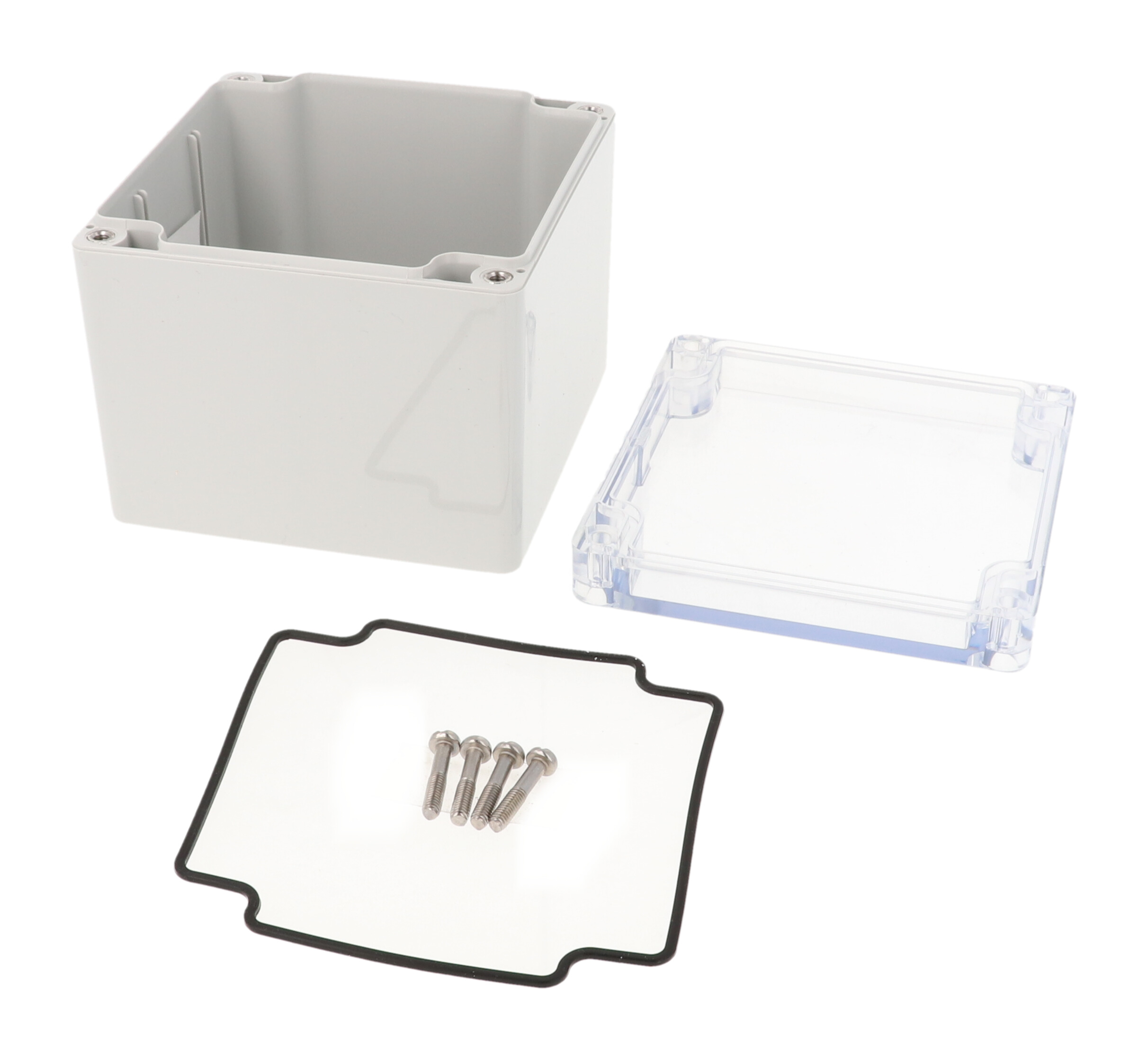 1554LA2GYCL deep square polycarbonate enclosure with clear lid, 105 x 105 x 90 mm