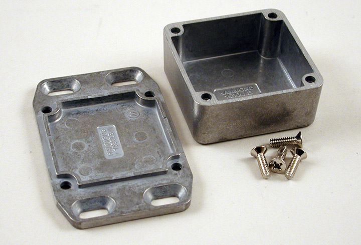 1590LLBFL natural diecast aluminum 51 x 51 x 25 mm enclosure with wall-mounting flange integrated into the lid