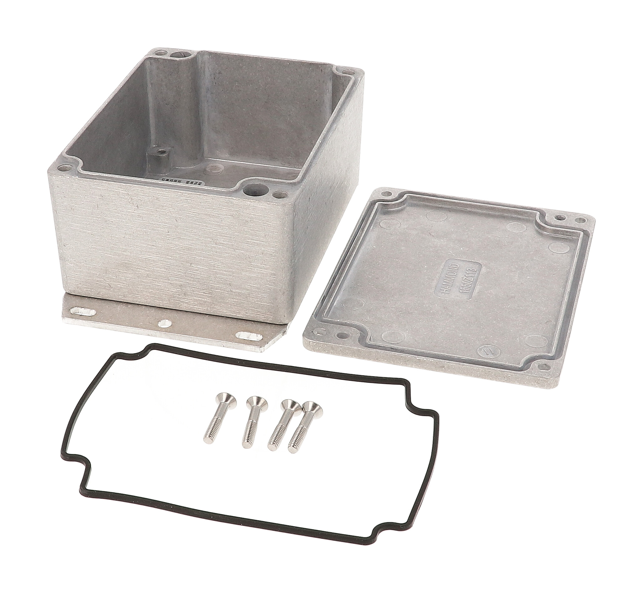 1550Z113F unpainted natural aluminum watertight diecast enclosure with flanged base and screw-down lid, 142x90x58 mm