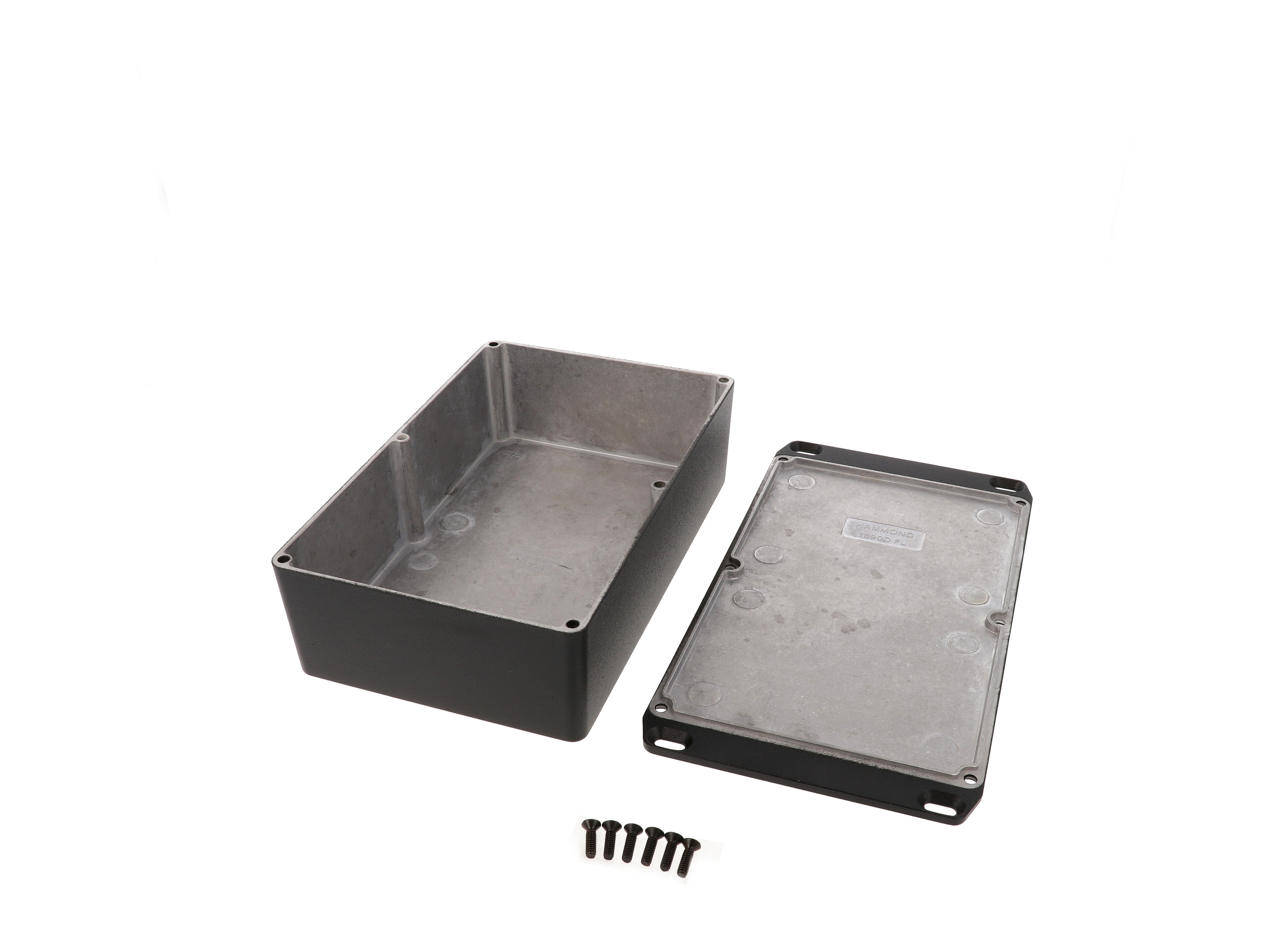 1590DFLBK textured black diecast aluminum enclosure with flanged wall-mounting lid