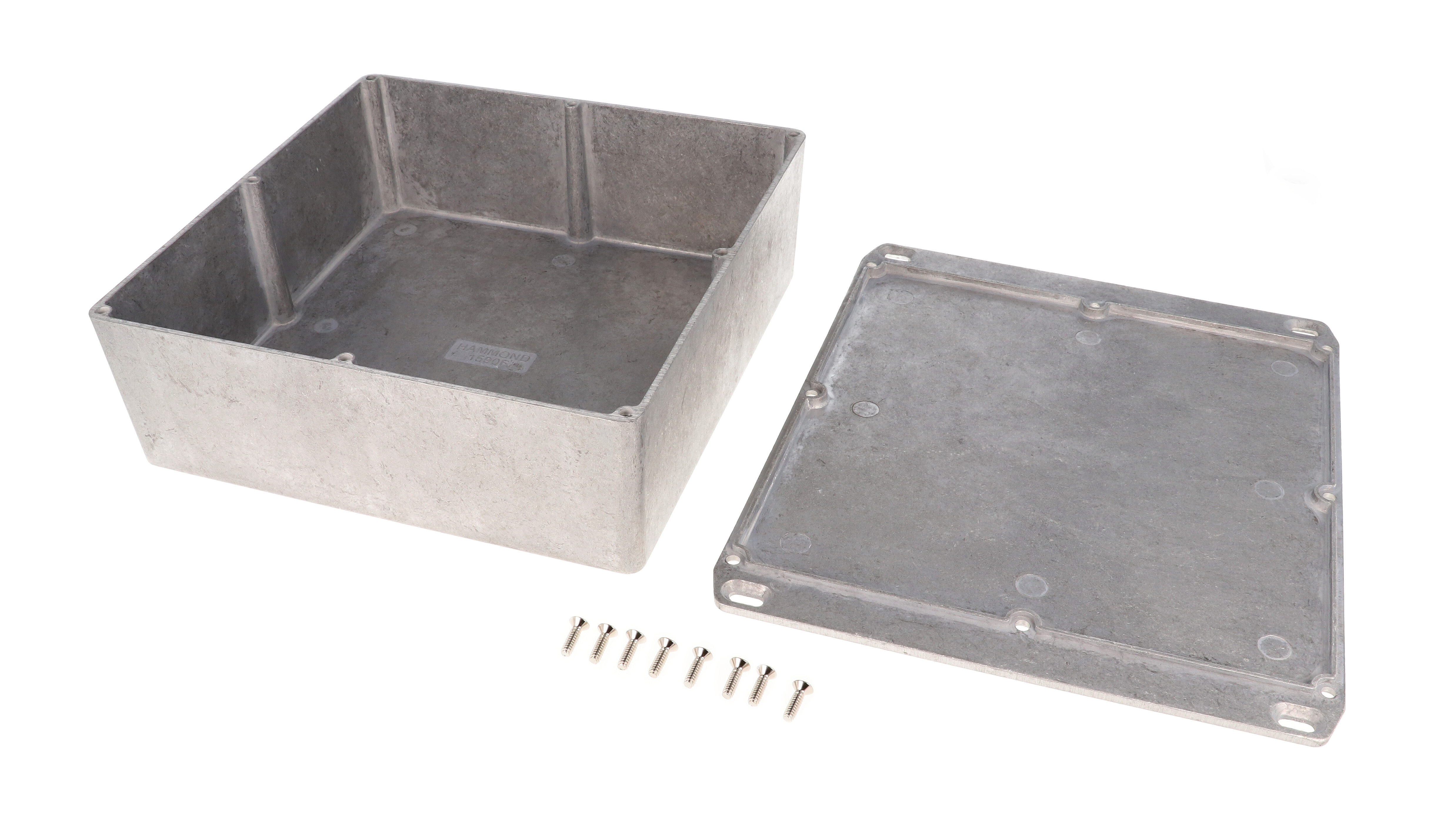 1590FFL natural square diecast aluminum enclosure with flanged wall-mounting lid, 188 x 188 x 67 mm