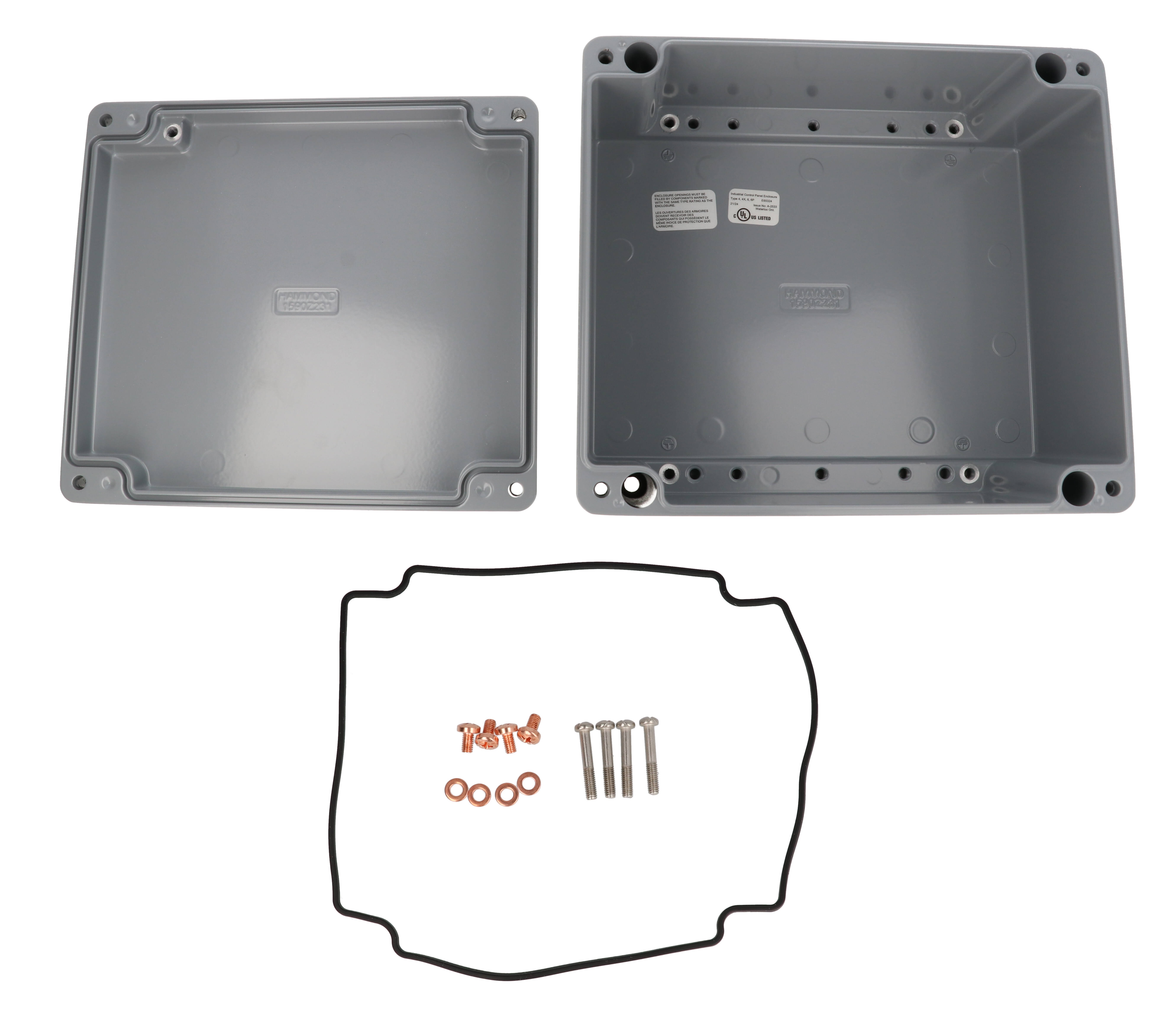 1590Z231GY gray 200 x 230 x 110 mm diecast aluminum enclosure with lid and recessed screws