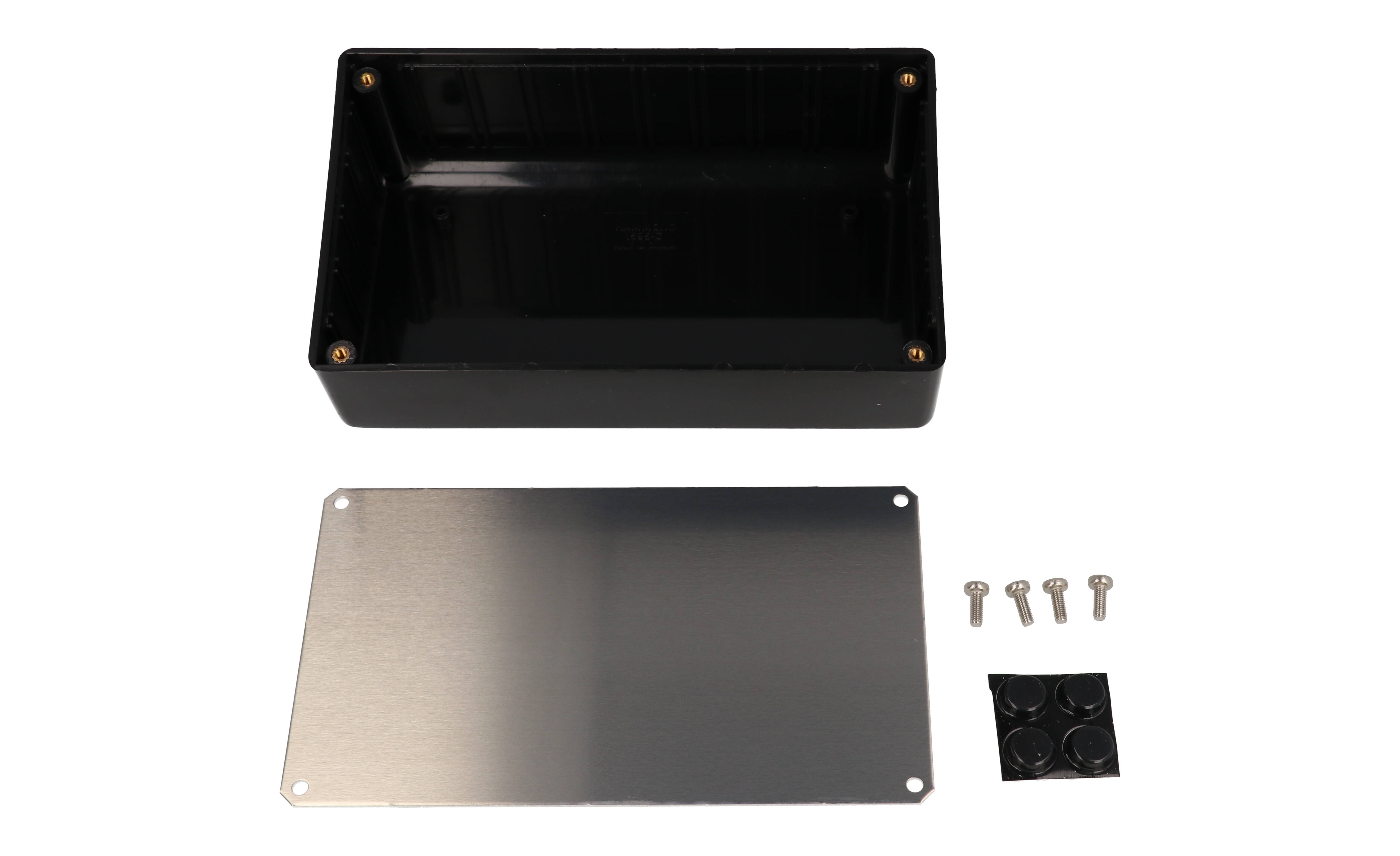 1595CBK black sloped plastic console enclosure with recessed aluminum front panel, 161 x 96 x 58 mm