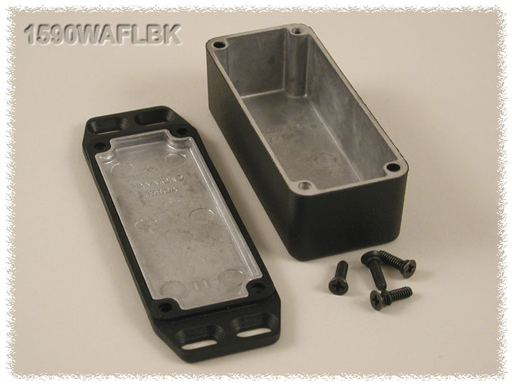1590WAFLBK black textured IP65 watertight diecast enclosure, 93 x 39 x 31 mm, wall-mounting flanged lid