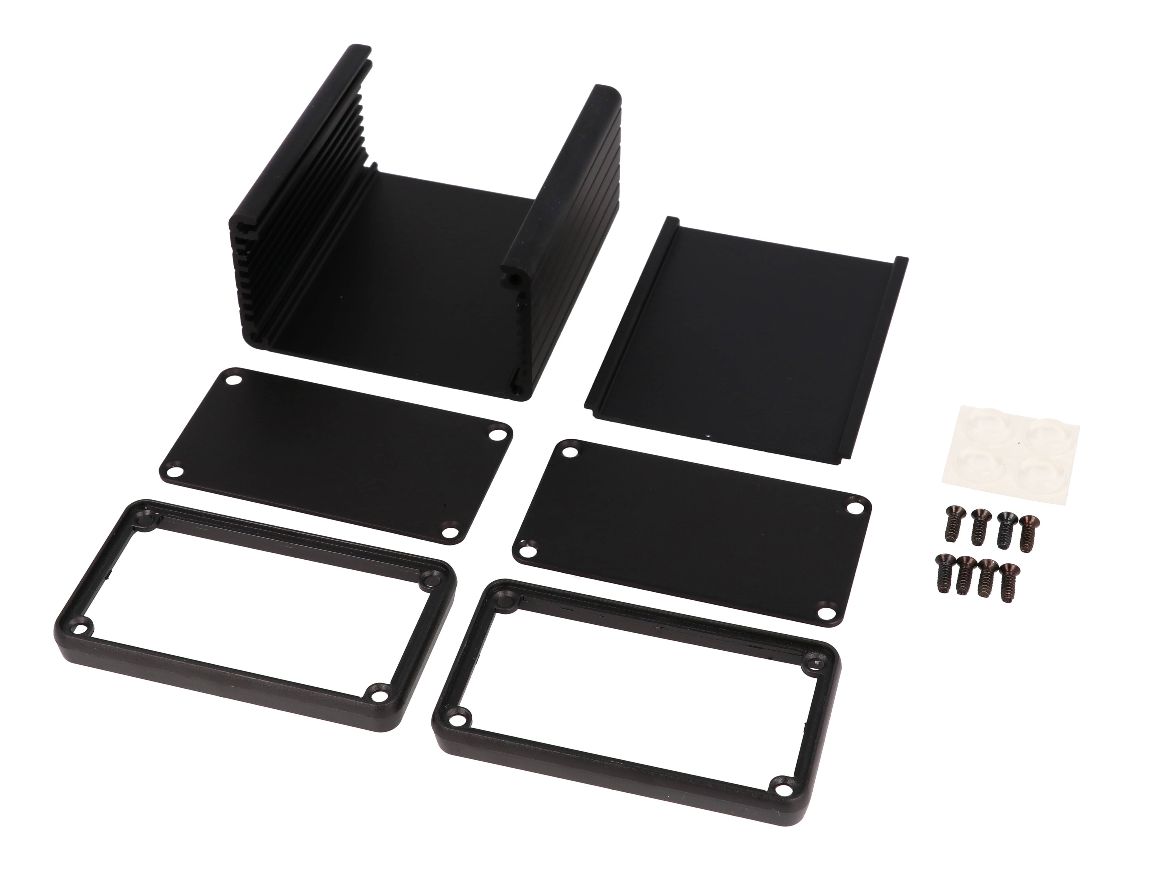 1455K801BK black anodized extruded aluminum enclosure, 80 x 78 x 43 mm, with metal end panels