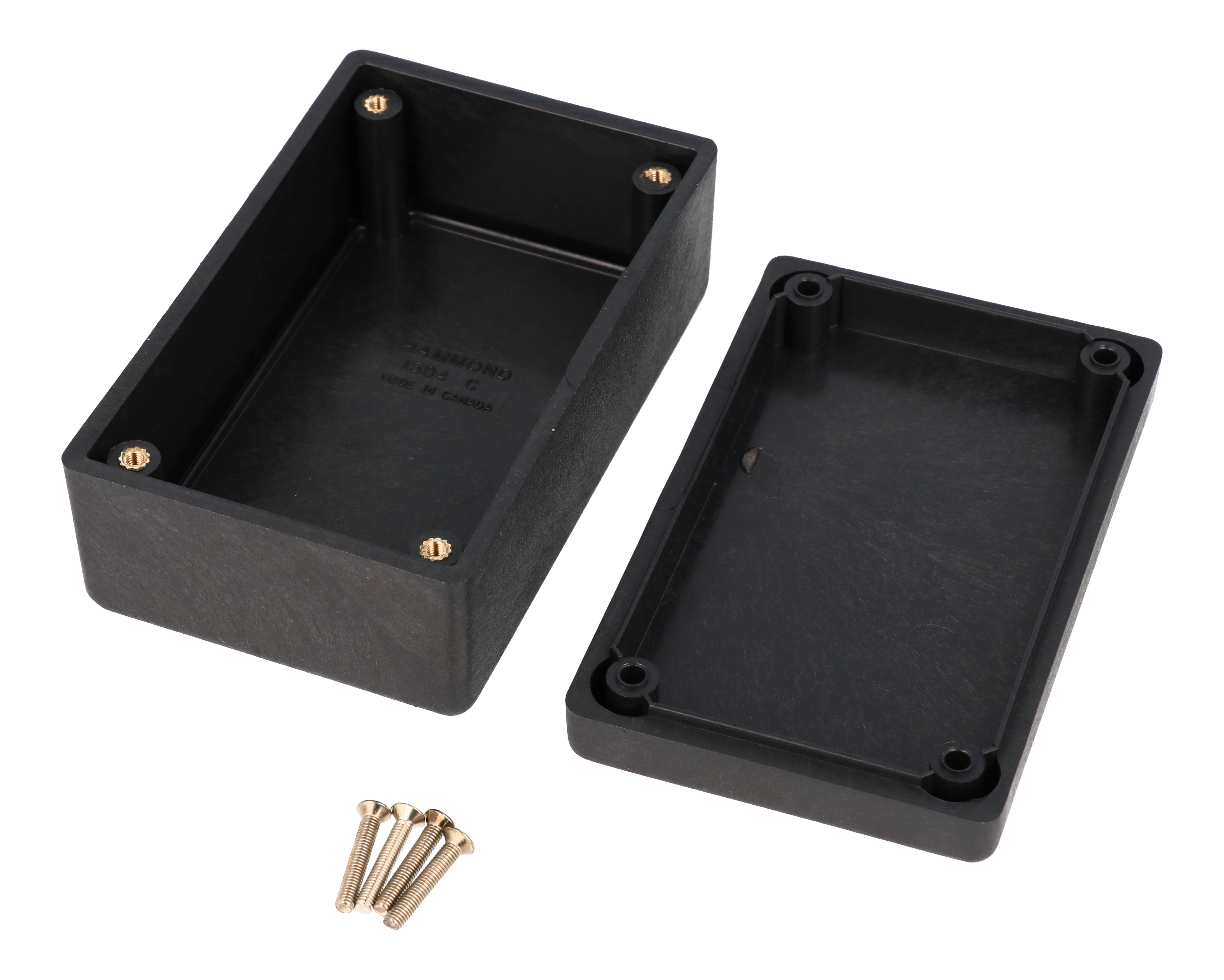 1594RFICBK black conductive plastic EMI/RFI shielded enclosure, 107 x 66 mm, with screw-down lid