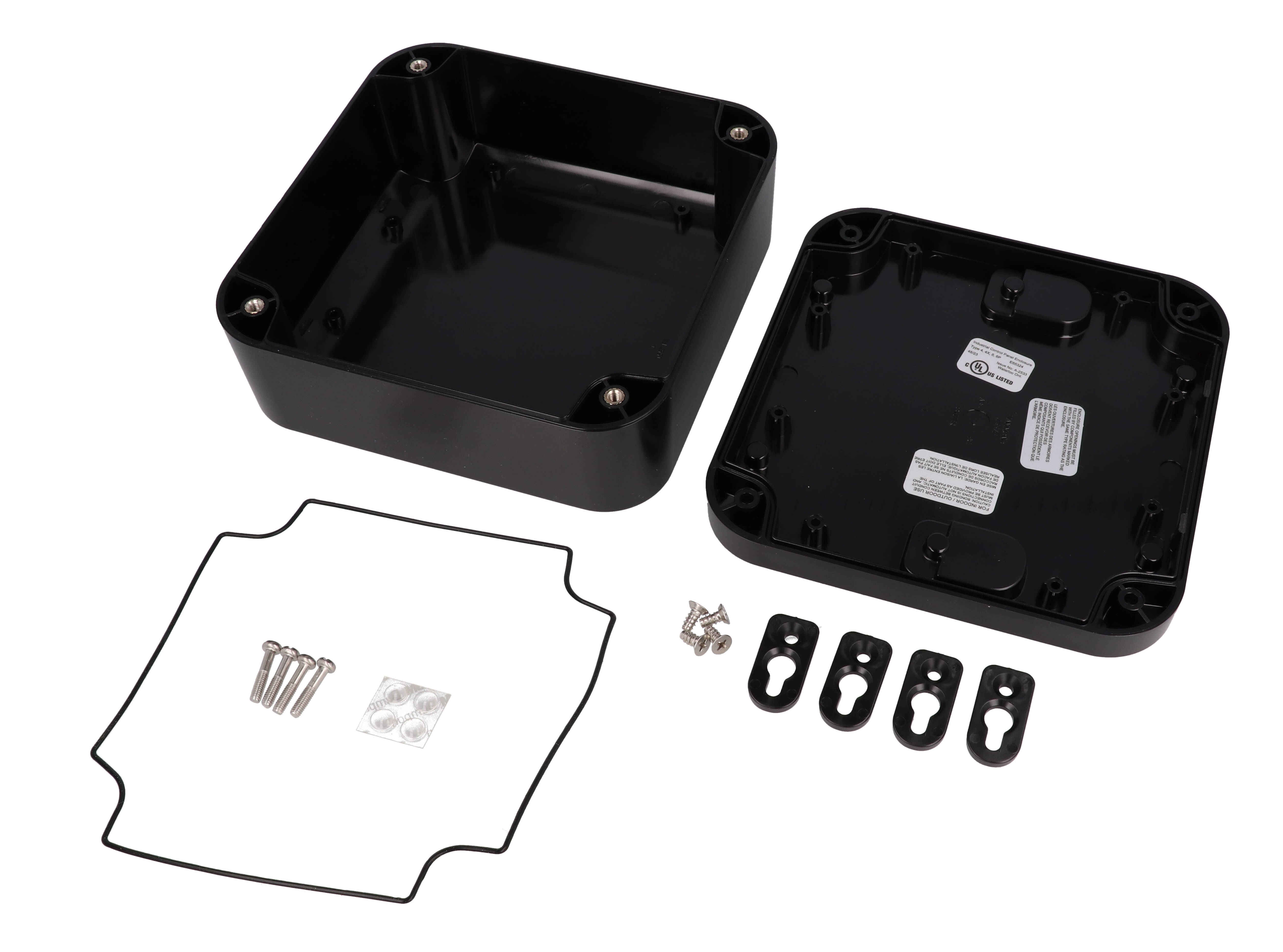 1557FA2BK black polycarbonate watertight enclosure, 160 x 160 x 70 mm, shown with lid fitted