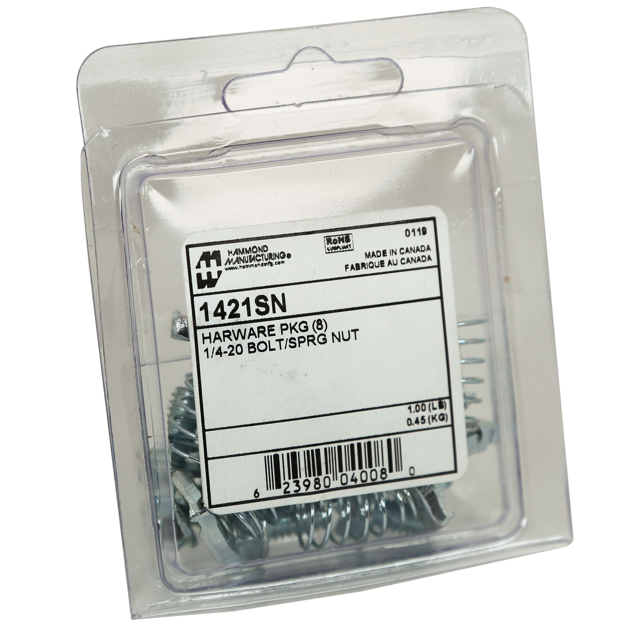 Hammond 1421SN25 25-piece kit of 1/4-20 strut spring nuts and 1/4-20 x 1/2 inch bolts for mounting rack rails in RCH cabinets