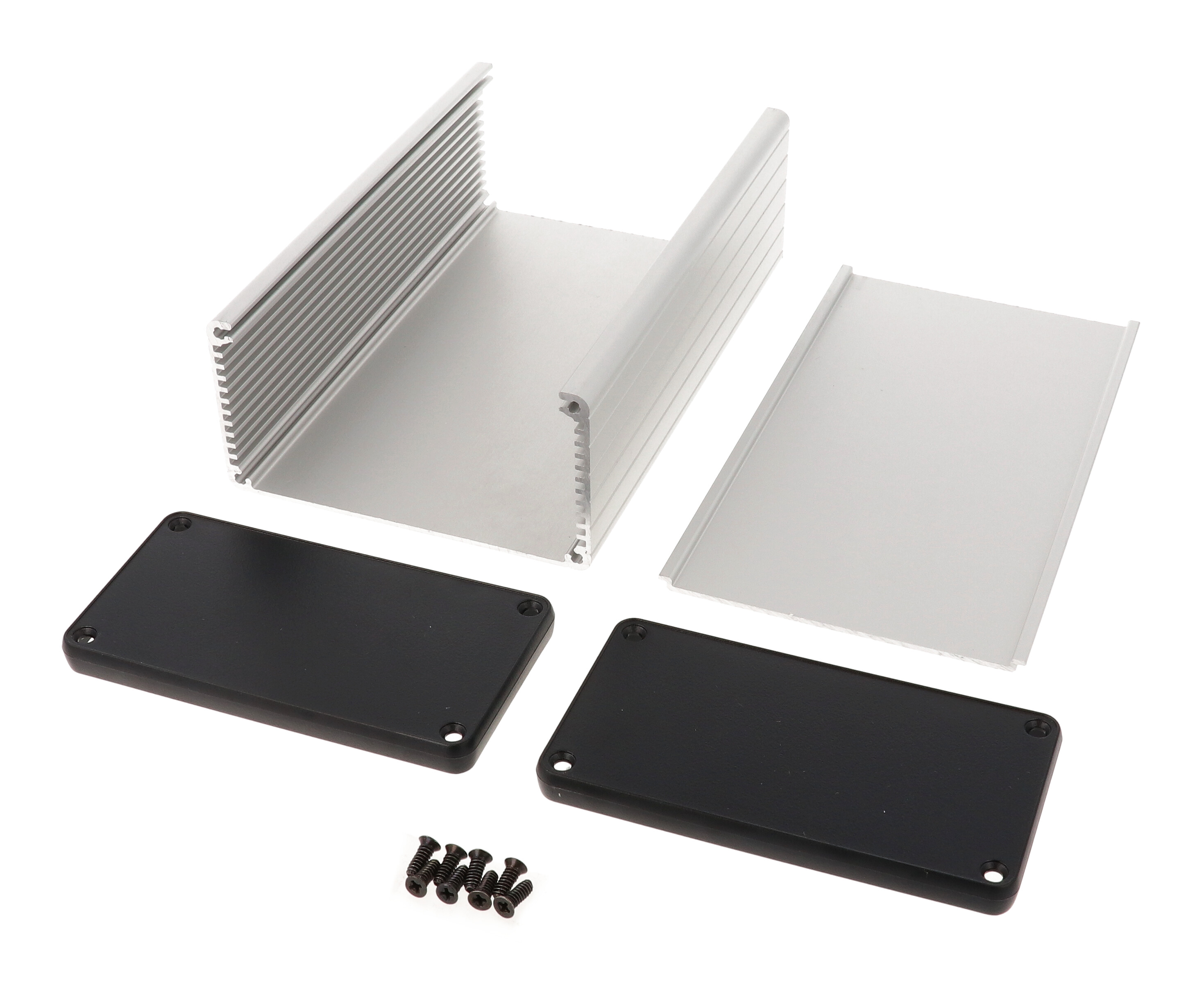 1455N1602 clear anodized extruded aluminum enclosure, 160 x 103 x 53 mm, with plastic end panels