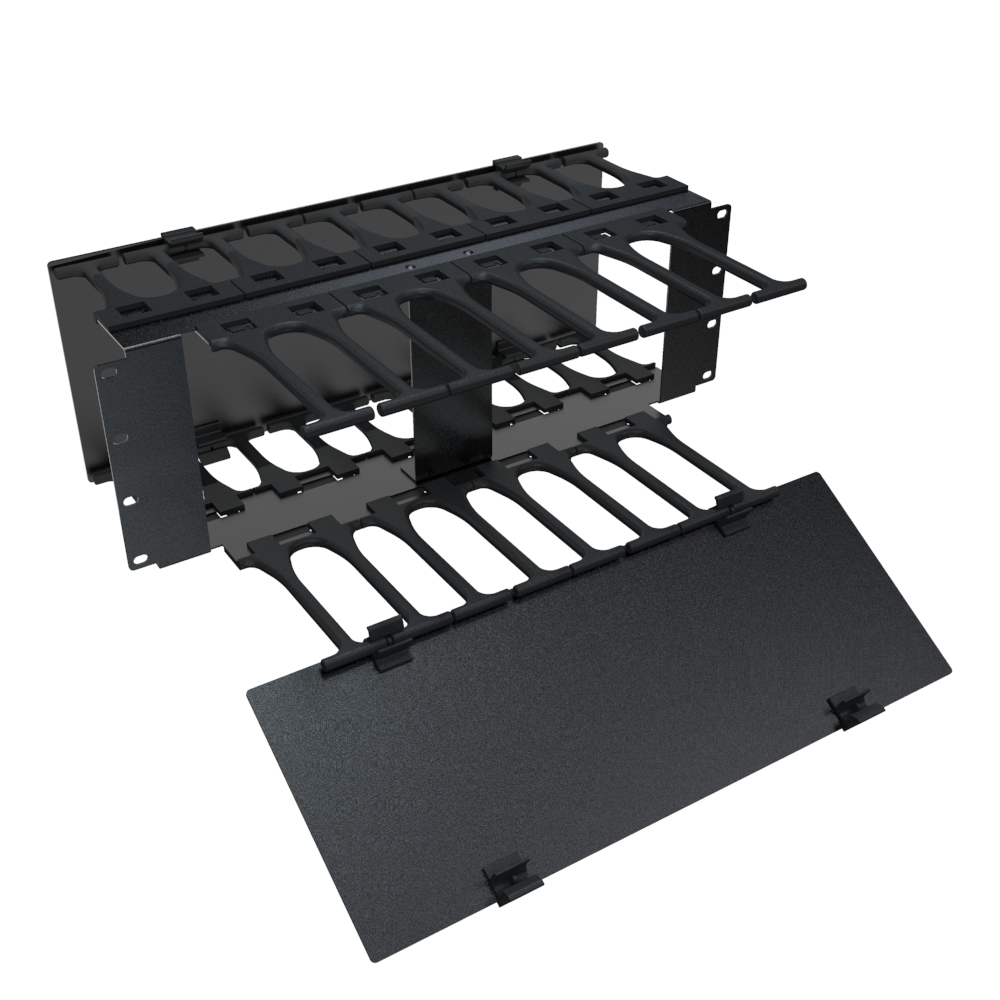 Hammond RB-HFMS2 2U black steel horizontal finger cable manager with removable cover for 19-inch racks