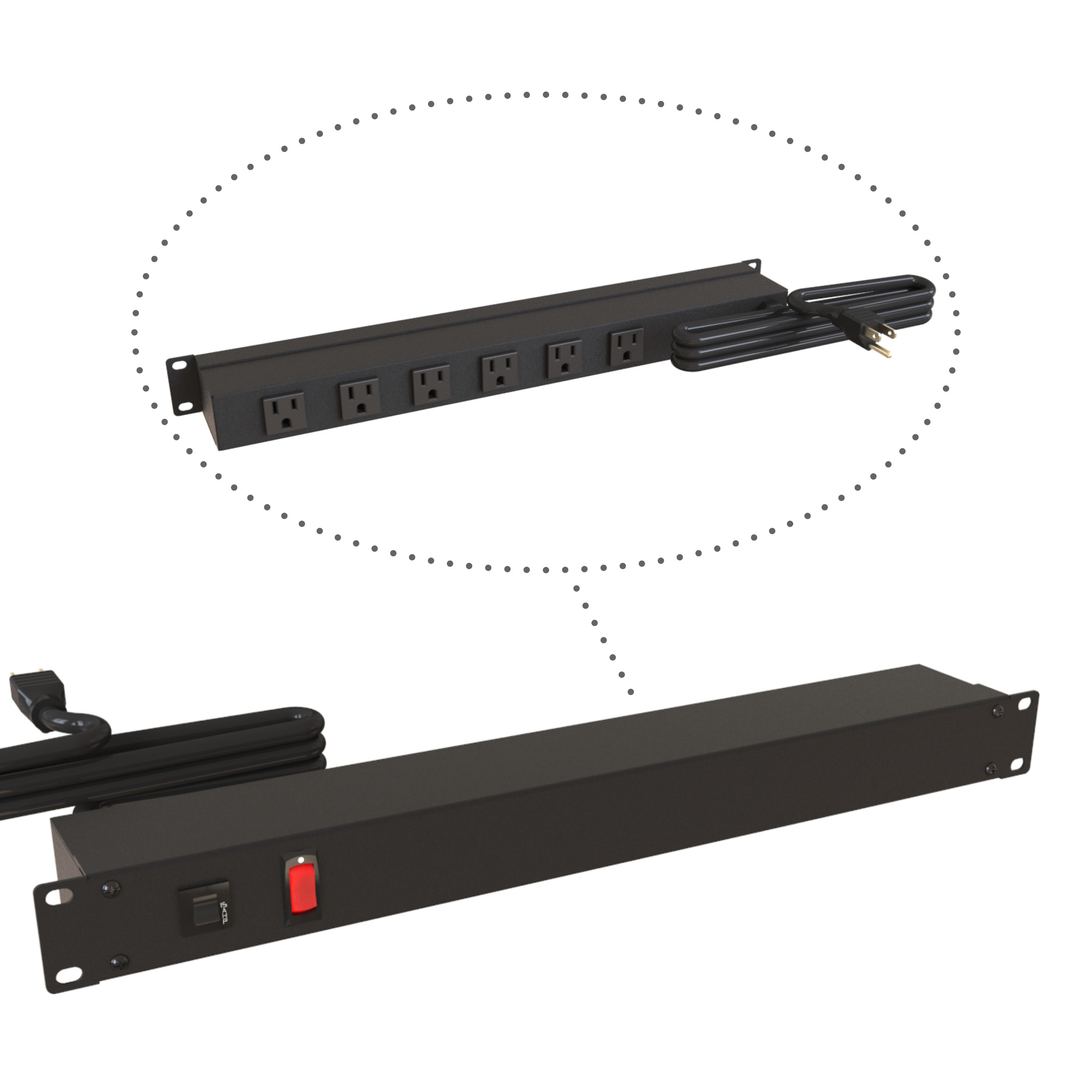 Hammond 1583H6A1BKRA 1U 19-inch black rack mount PDU with six rotated rear-facing 5-15R outlets, lighted on/off switch and 6 ft NEMA 5-15P cord